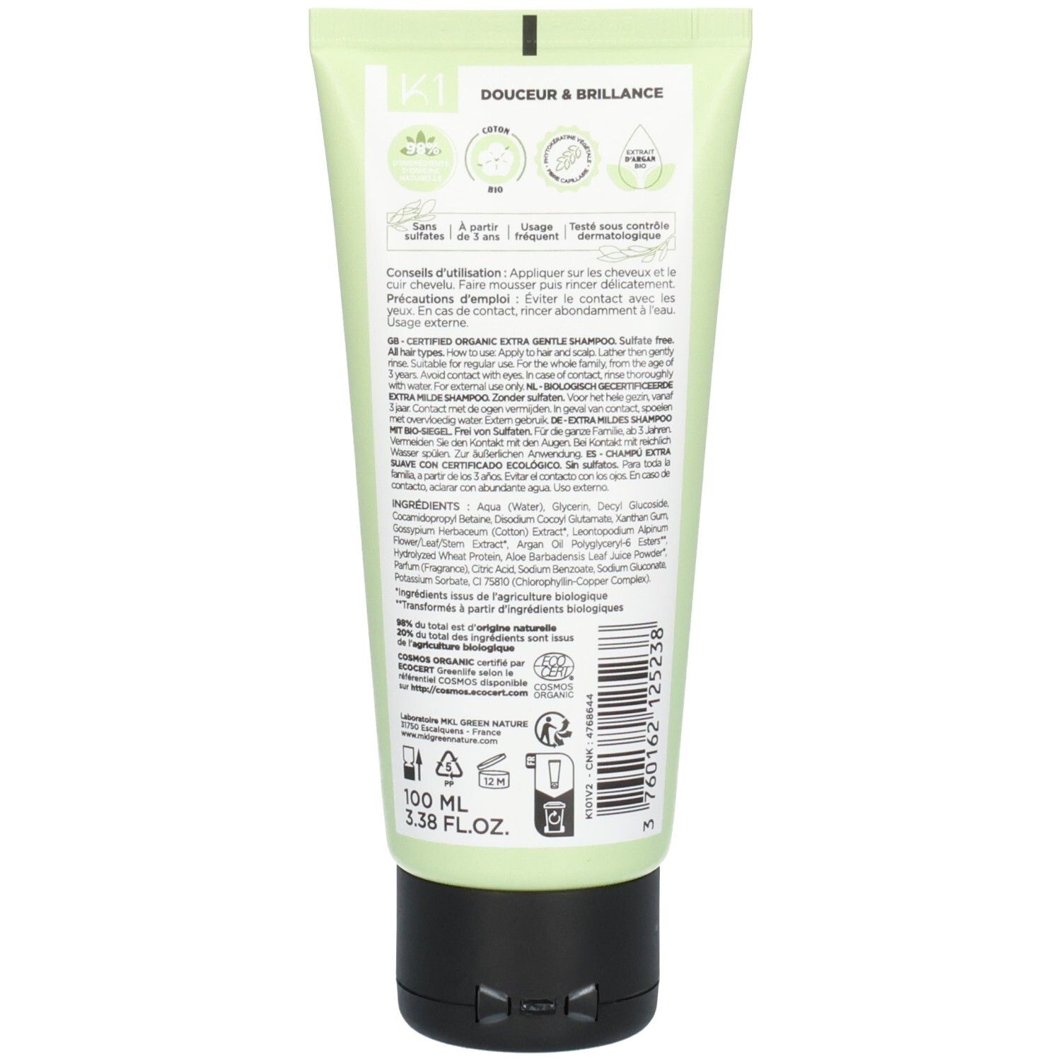 Rückseite der MKL Green Nature K1 Extra Mildes Shampoo Tube mit Anwendungshinweisen und Inhaltsstoffen.