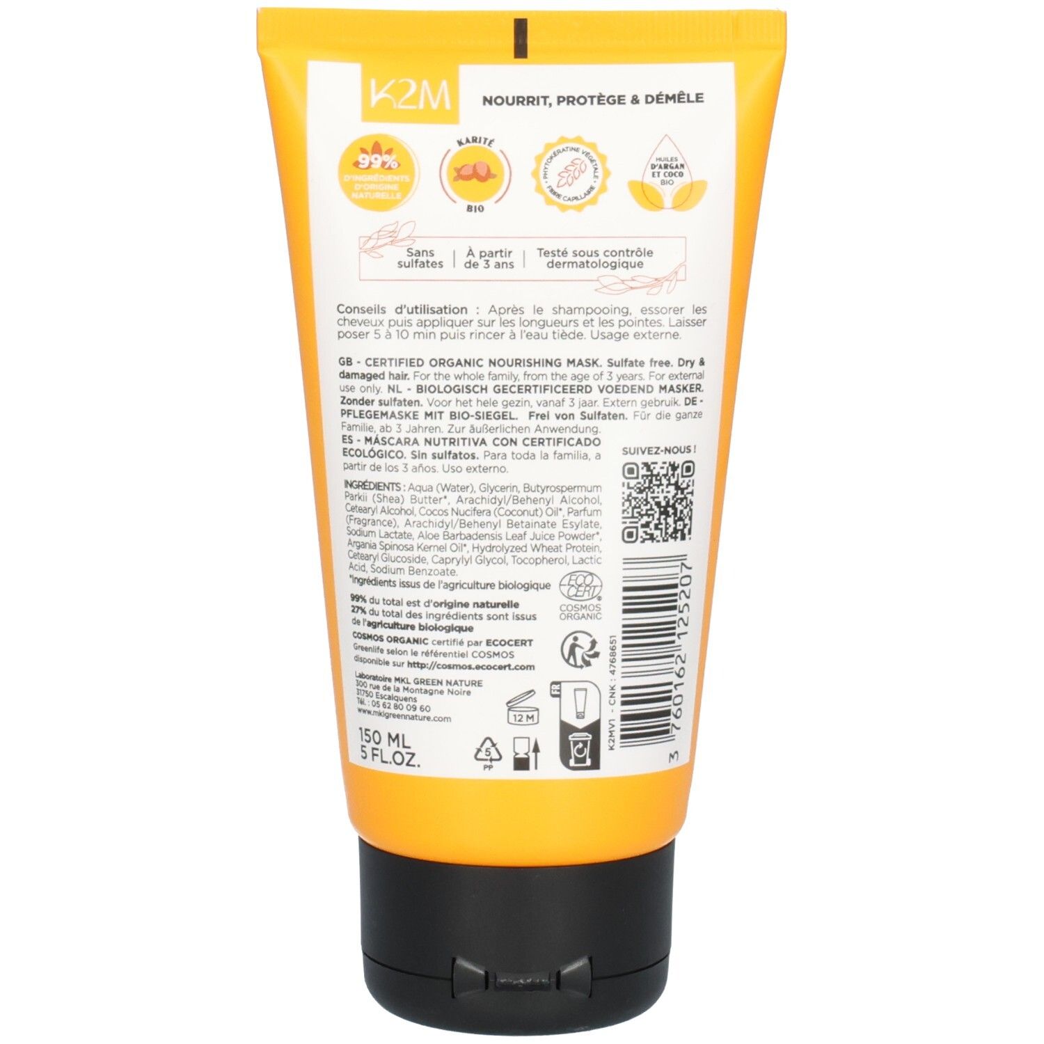 Rückseite einer orangefarbenen Tube mit K2M Nutrition Mask, mit Anwendungshinweisen und Inhaltsstoffen.