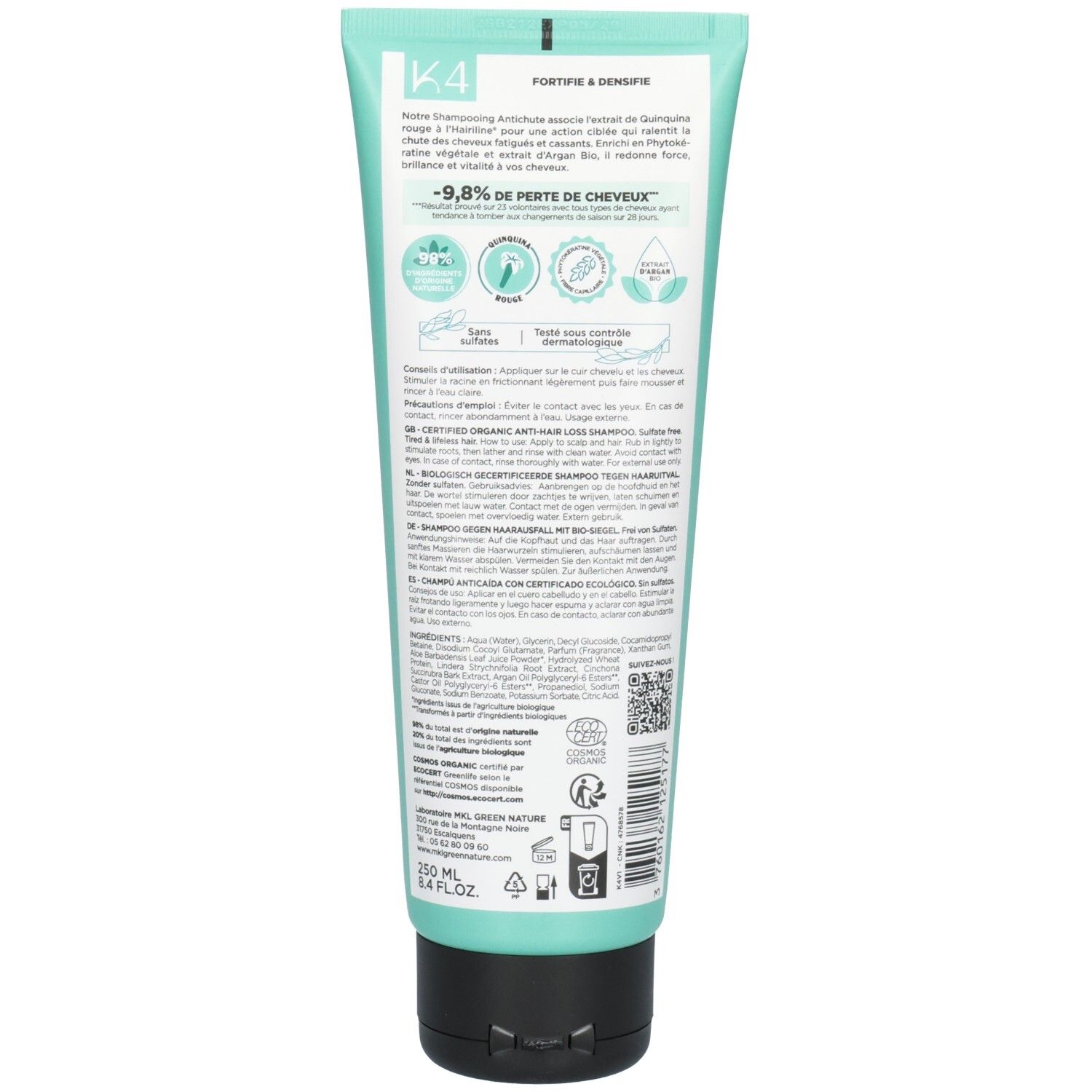 Rückseite der MKL Green Nature K4 Anti-Haarausfall Shampoo Tube mit Bio-Siegel und Anwendungshinweisen.