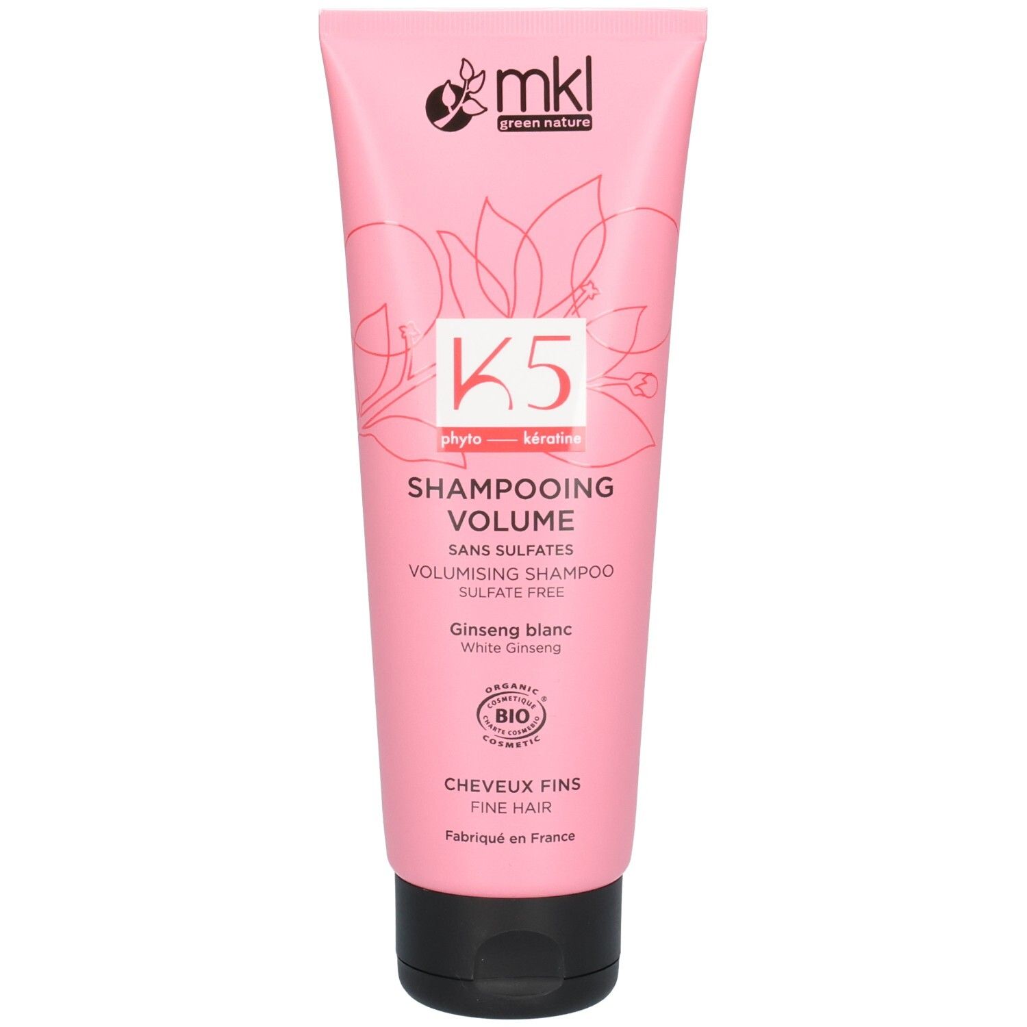 MKL Green Nature K5 Volumen Shampoo für feines Haar, rosa Tube mit schwarzem Deckel.