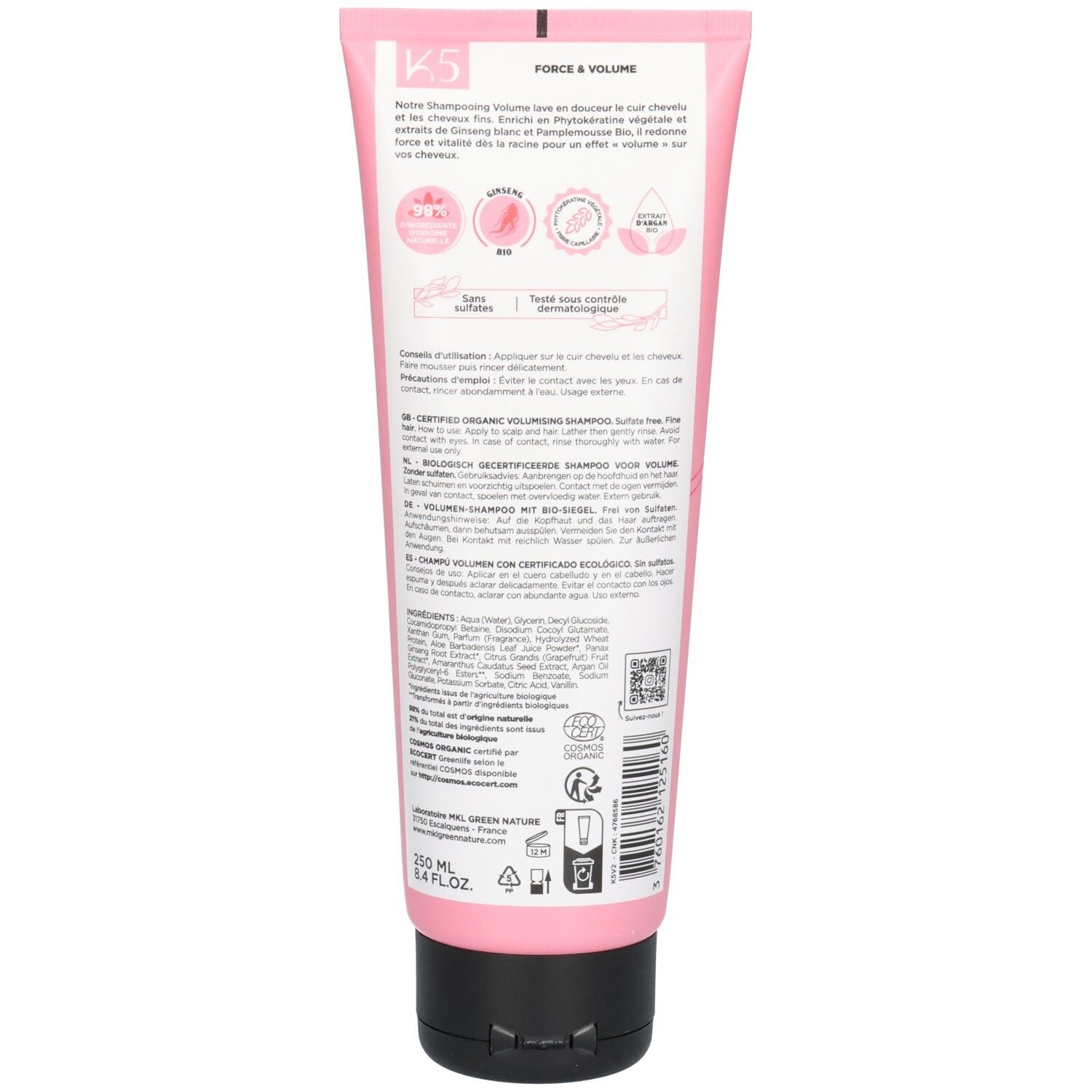 Rückseite der MKL Green Nature K5 Volumen Shampoo Tube für feines Haar, rosa mit schwarzen Details.