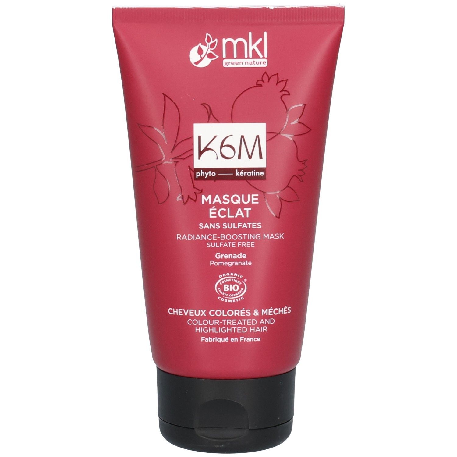 Rote Tube mit K6M Glanz-Maske für gefärbtes Haar, mit Granatapfel-Symbolen und Bio-Siegel.