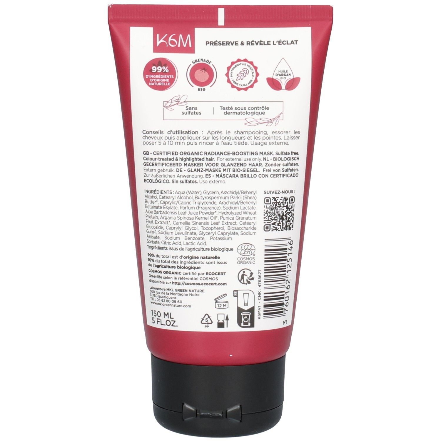 Rückseite der roten Tube mit K6M Glanz-Maske, mit Inhaltsstoffen, Anwendungshinweisen und Bio-Zertifizierungen.