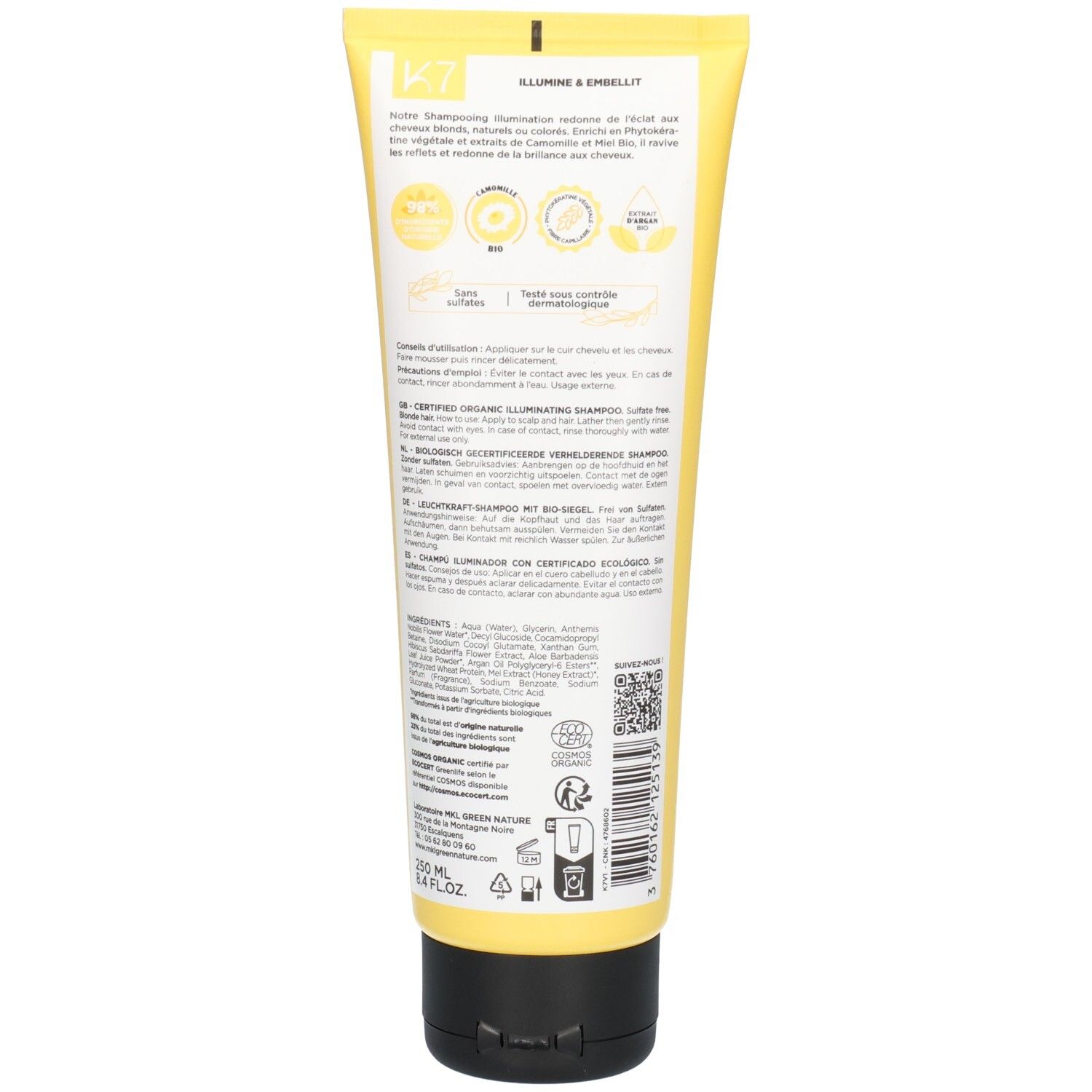 Rückseite des MKL Green Nature K7 Shampoos für blondes Haar mit Bio-Zertifizierung.