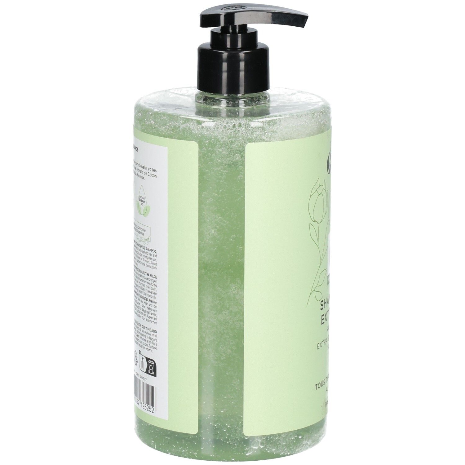 Rückseite MKL Green Nature K1 Extra Mildes Bio-Shampoo, 750ml, mit Pumpverschluss.