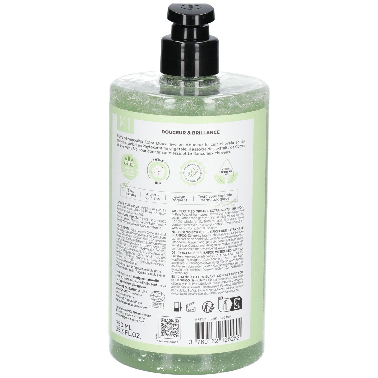 Rückseite MKL Green Nature K1 Extra Mildes Bio-Shampoo, 750ml, mit Pumpverschluss und Bio-Siegel.