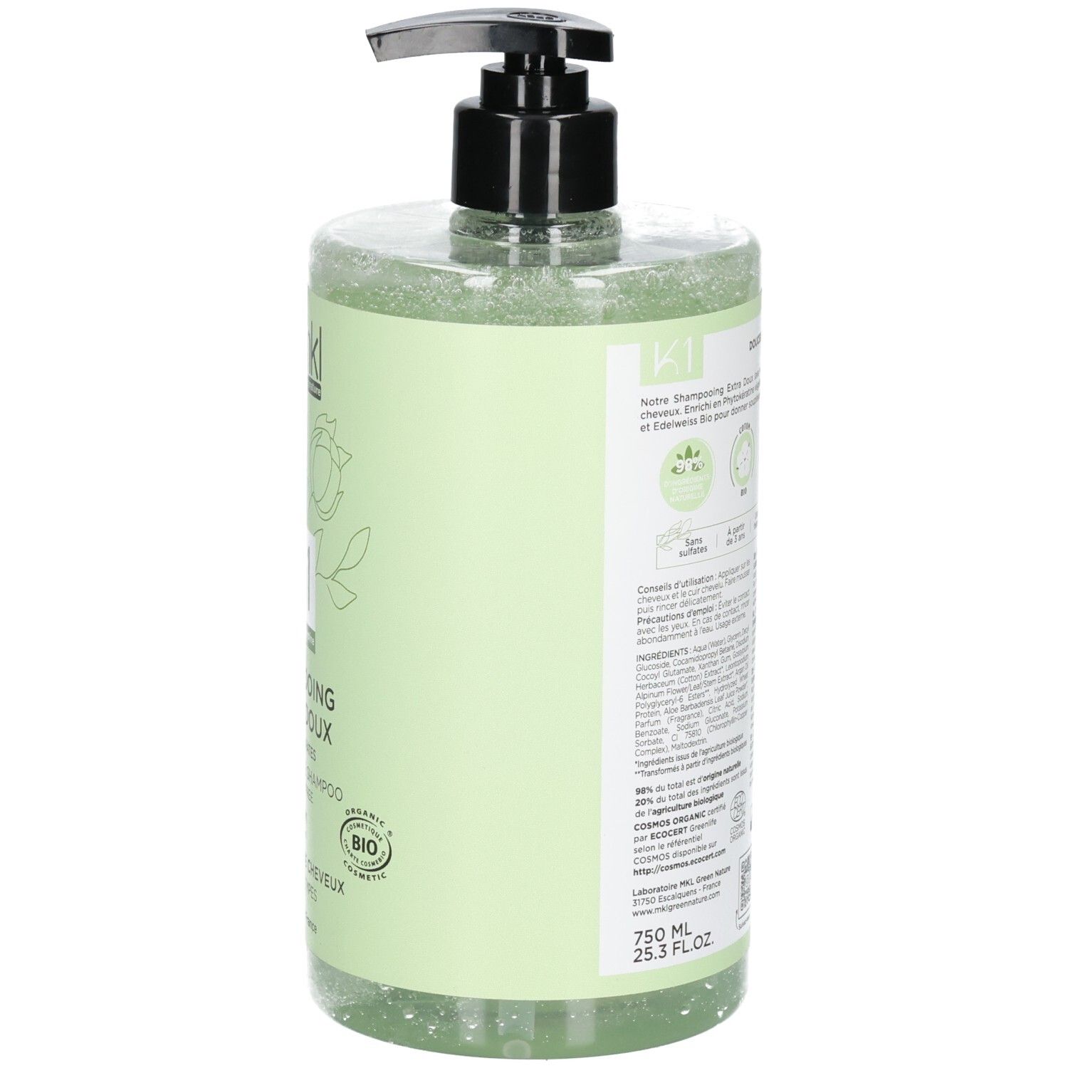 Rückseite MKL Green Nature K1 Extra Mildes Bio-Shampoo, 750ml, mit Pumpverschluss und Bio-Siegel.