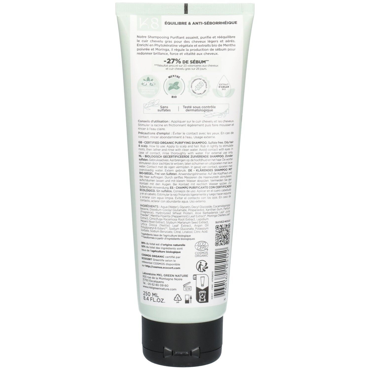 Rückseite des MKL Green Nature K8 Reinigenden Shampoos. Enthält Bio-Siegel und Inhaltsstoffinformationen. 250ml.