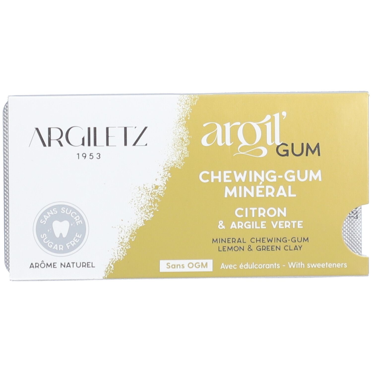 Schachtel Argiletz Argil'Gum, gelb-weiß, mit Aufschrift "Zitrone & grüne Tonerde".