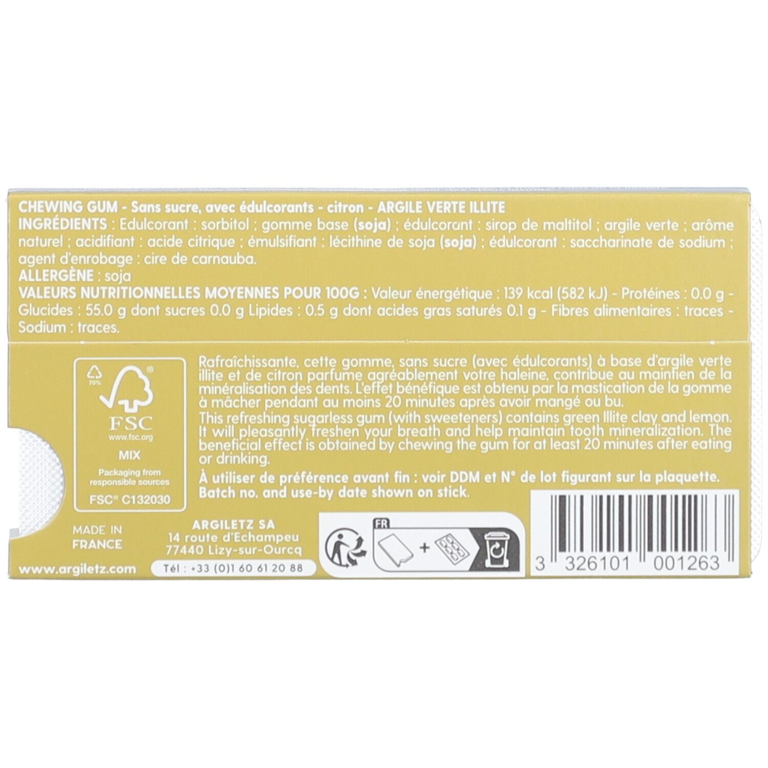 Rückseite der Argiletz Argil'Gum-Verpackung mit Text und FSC-Logo.