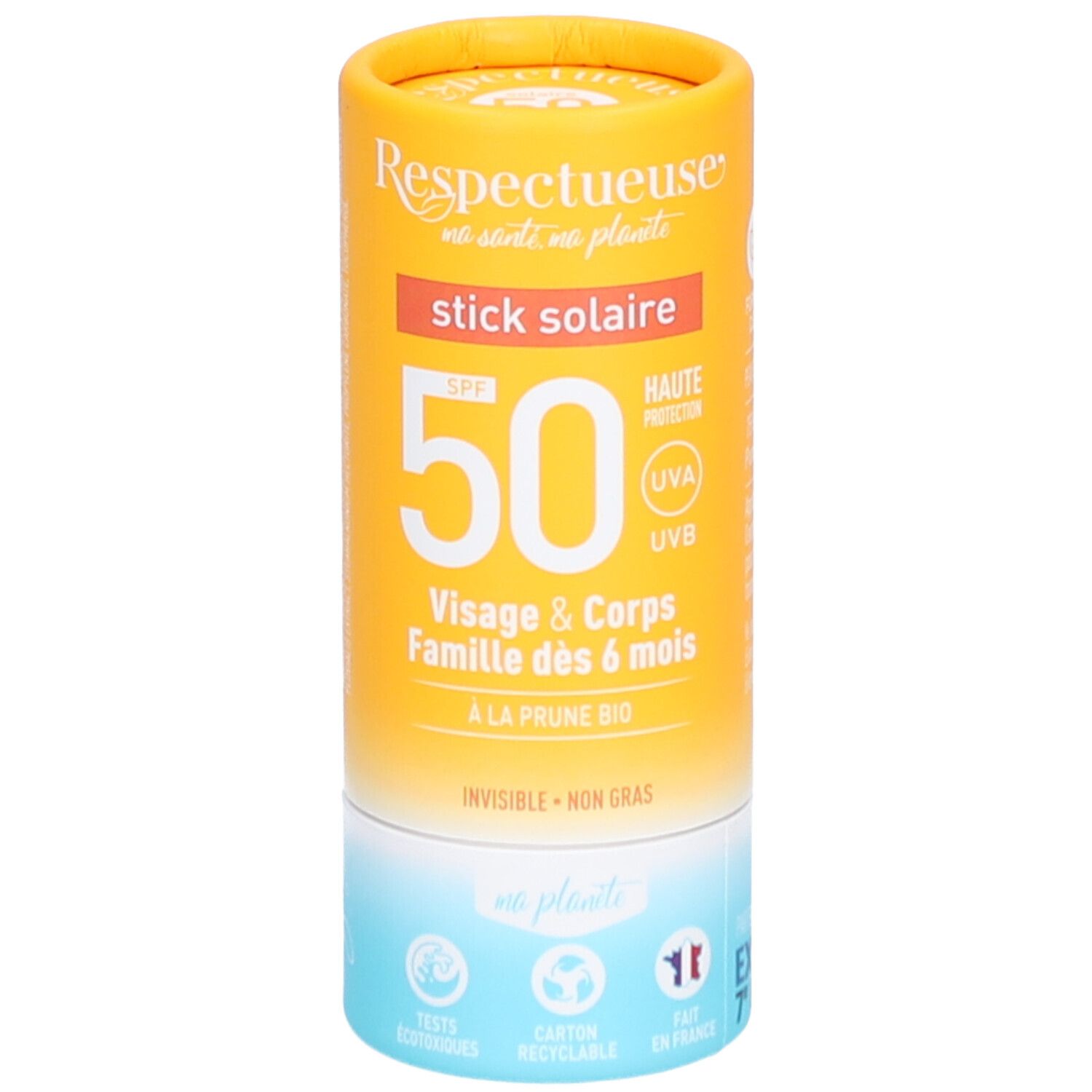 Zylindrische Sonnencreme-Stick. Gelb-orangefarbene Verpackung mit Produktinformationen und SPF 50. Für Gesicht und Körper, ab 6 Monaten.