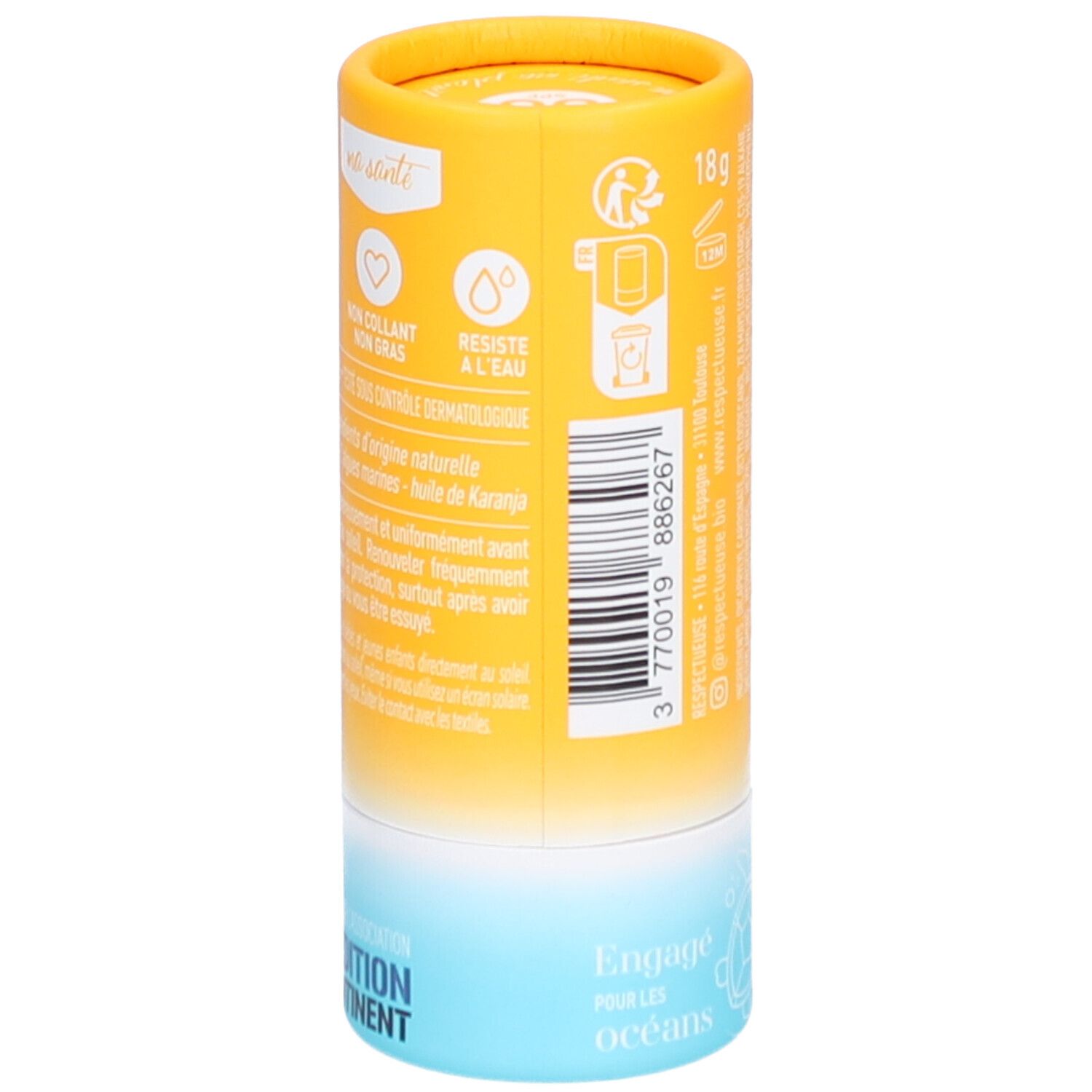 Zylindrischer Sonnencreme-Stick. Gelb-orangefarbene Verpackung mit Produktinformationen. Wasserfest, dermatologisch getestet, Inhaltsstoffe.
