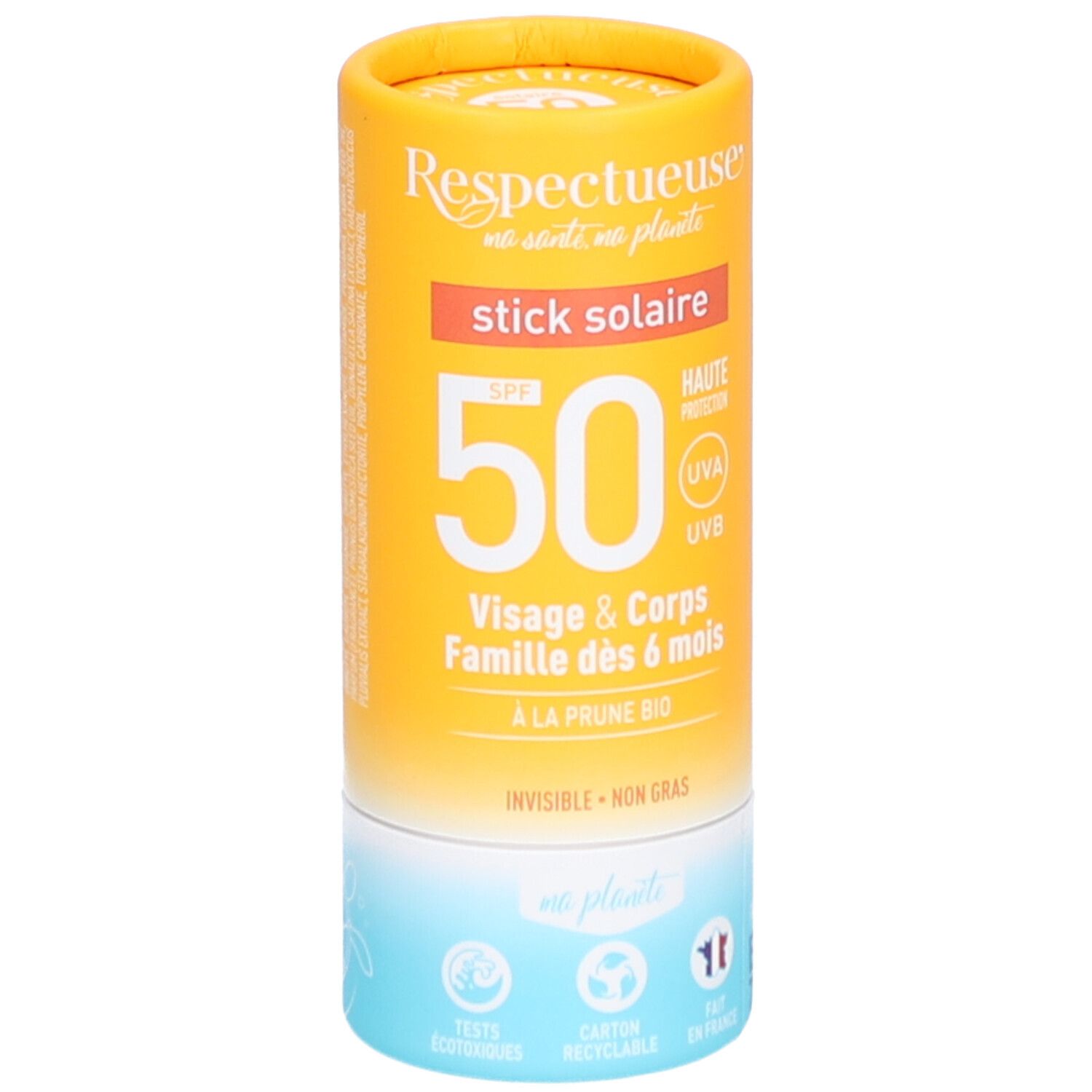 Zylindrischer Sonnencreme-Stick. Gelb-orangefarbene Verpackung mit Produktinformationen und SPF 50. Für Gesicht und Körper, ab 6 Monaten.
