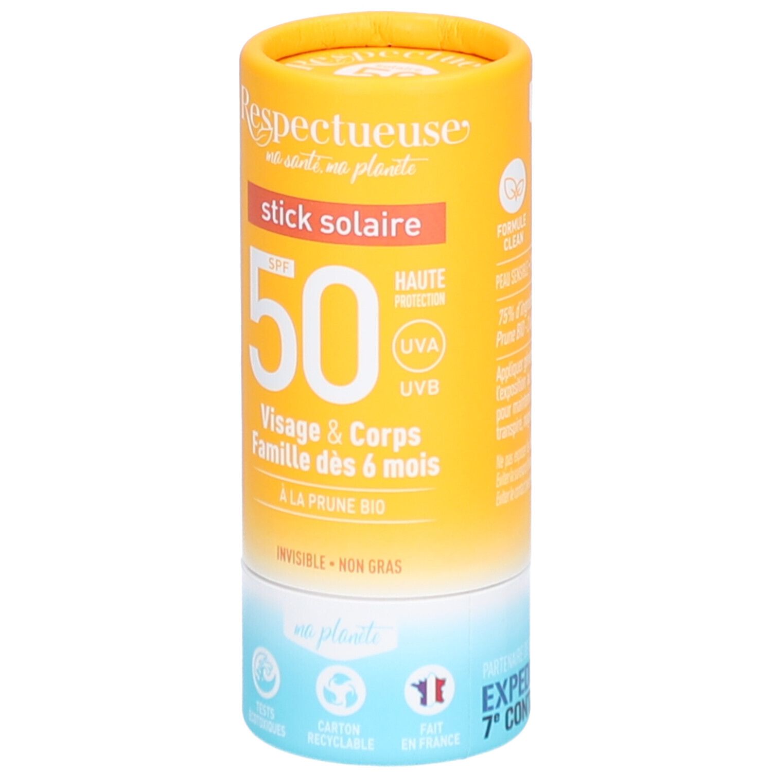 Zylindrischer Sonnencreme-Stick. Gelb-orangefarbene Verpackung mit Produktinformationen und SPF 50. Für Gesicht und Körper, ab 6 Monaten.