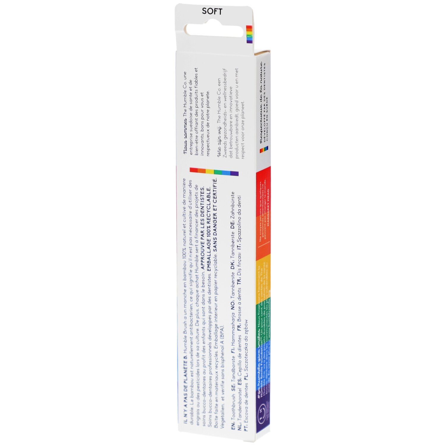 Rückseite der Zahnbürstenverpackung. Text in verschiedenen Sprachen. Marke: The Humble Co. Aufschrift: 100% natürlich und nachhaltig.