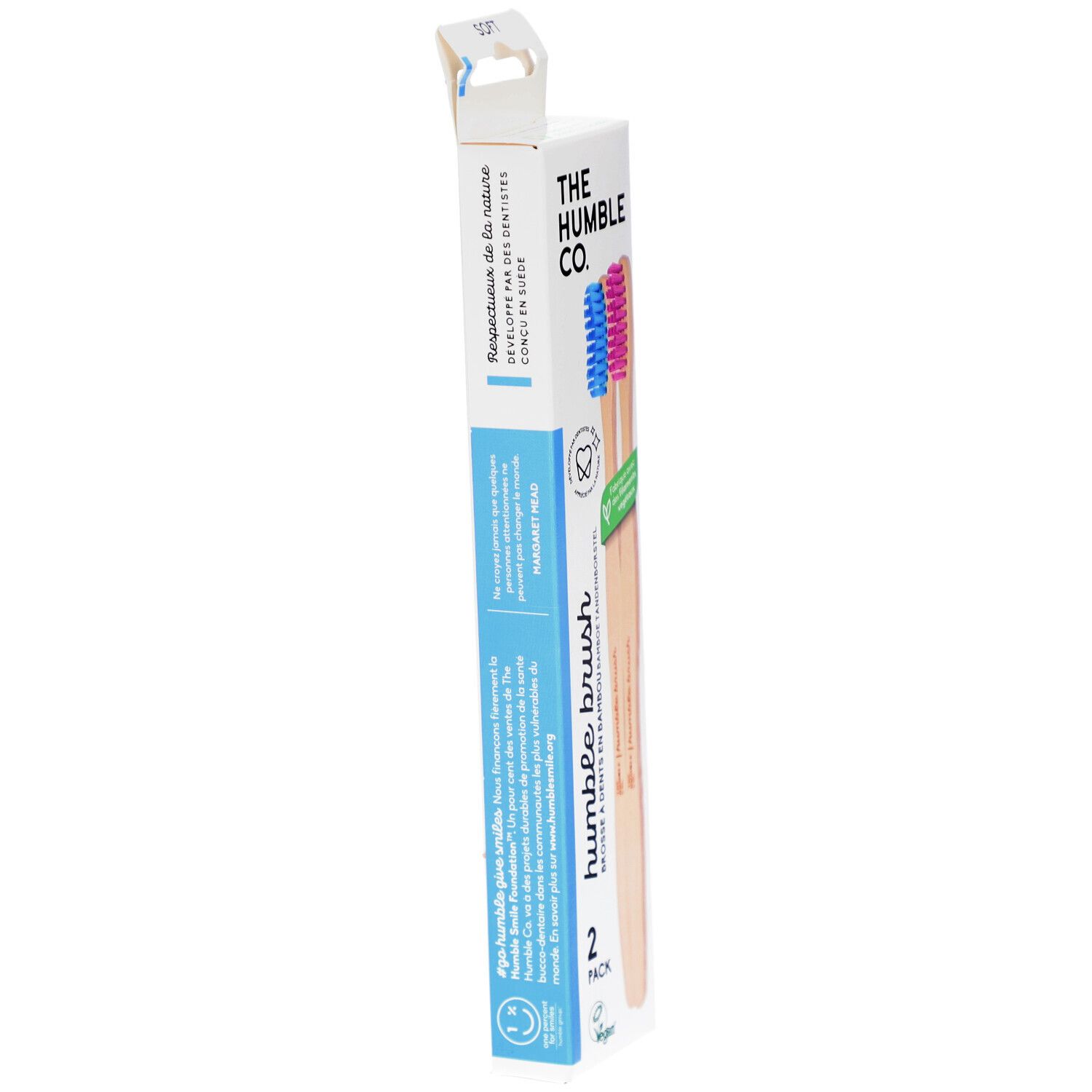 Zahnbürsten-Packung. Zwei Zahnbürsten mit blauen und pinkfarbenen Borsten. Marke: The Humble Co.