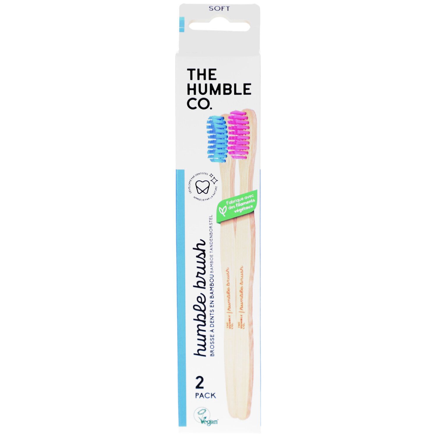 Zahnbürsten-Packung. Zwei Zahnbürsten mit blauen und pinkfarbenen Borsten. Marke: The Humble Co.