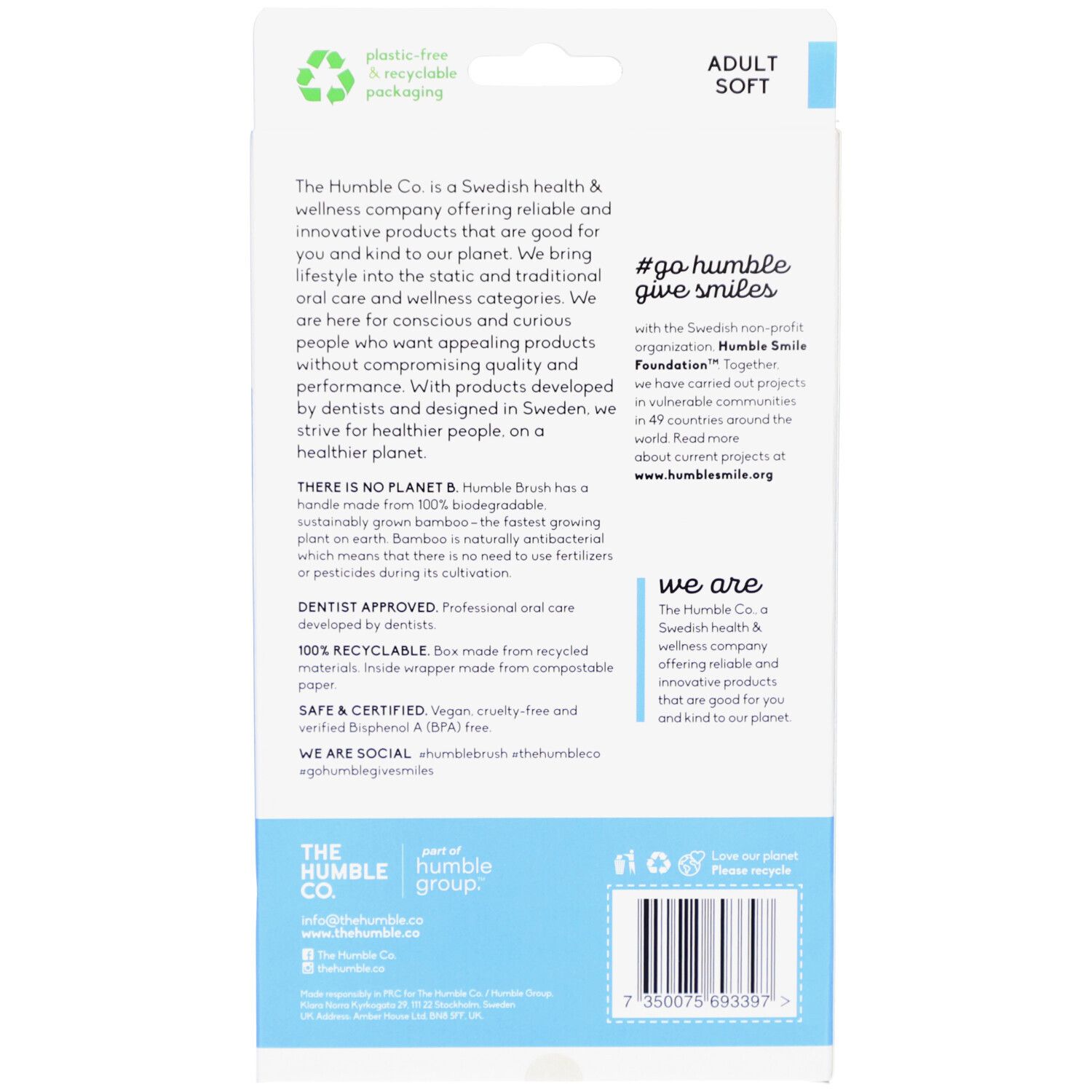 Rückseite der Zahnbürsten-Verpackung. Text über das Produkt und seine Eigenschaften. Logo und Barcode.