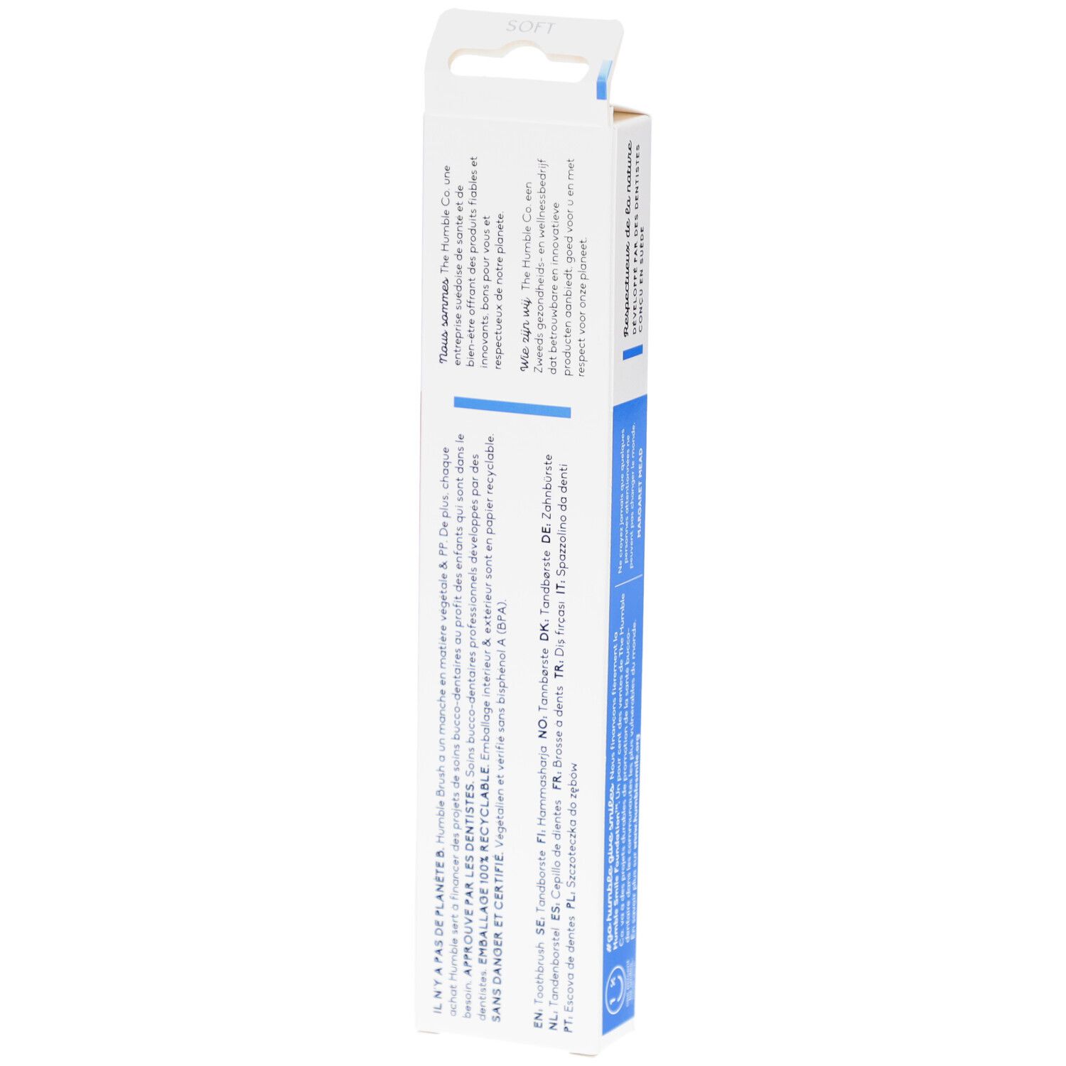 Rückseite der Zahnbürsten-Packung. Text über Inhaltsstoffe, Nachhaltigkeit und Zertifizierungen. Mehrsprachiger Text.