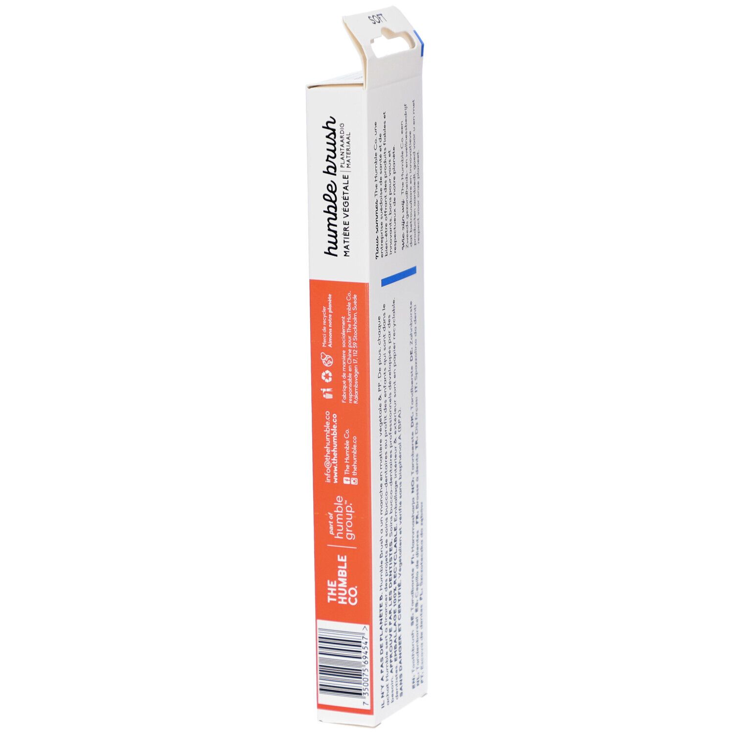 Seitenansicht der Zahnbürsten-Packung. Produktname, Markenlogo und Barcode. Informationen über das Unternehmen.