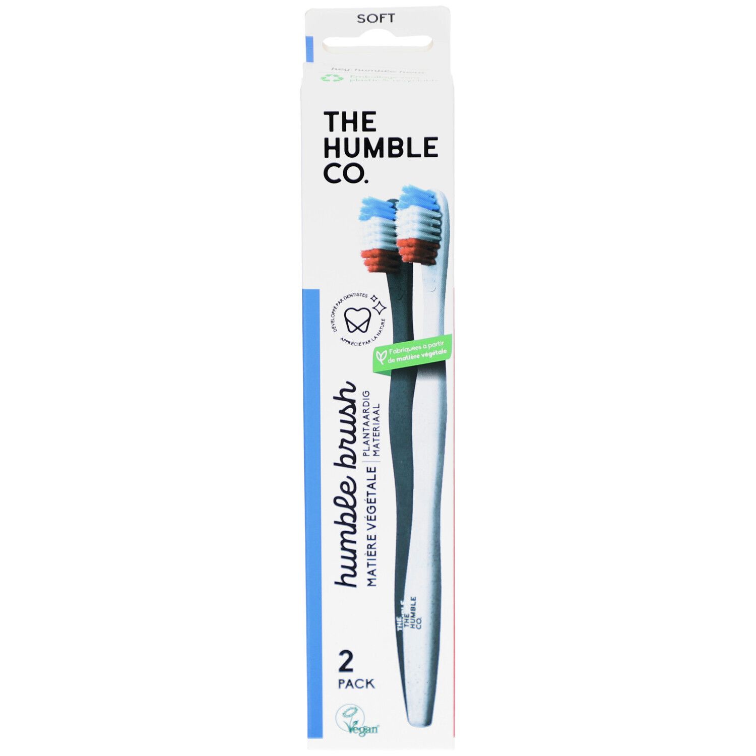 Zahnbürsten-Packung mit zwei Bürsten. Blaue und rote Borsten. Verpackung mit Markenlogo und Produktbezeichnung.