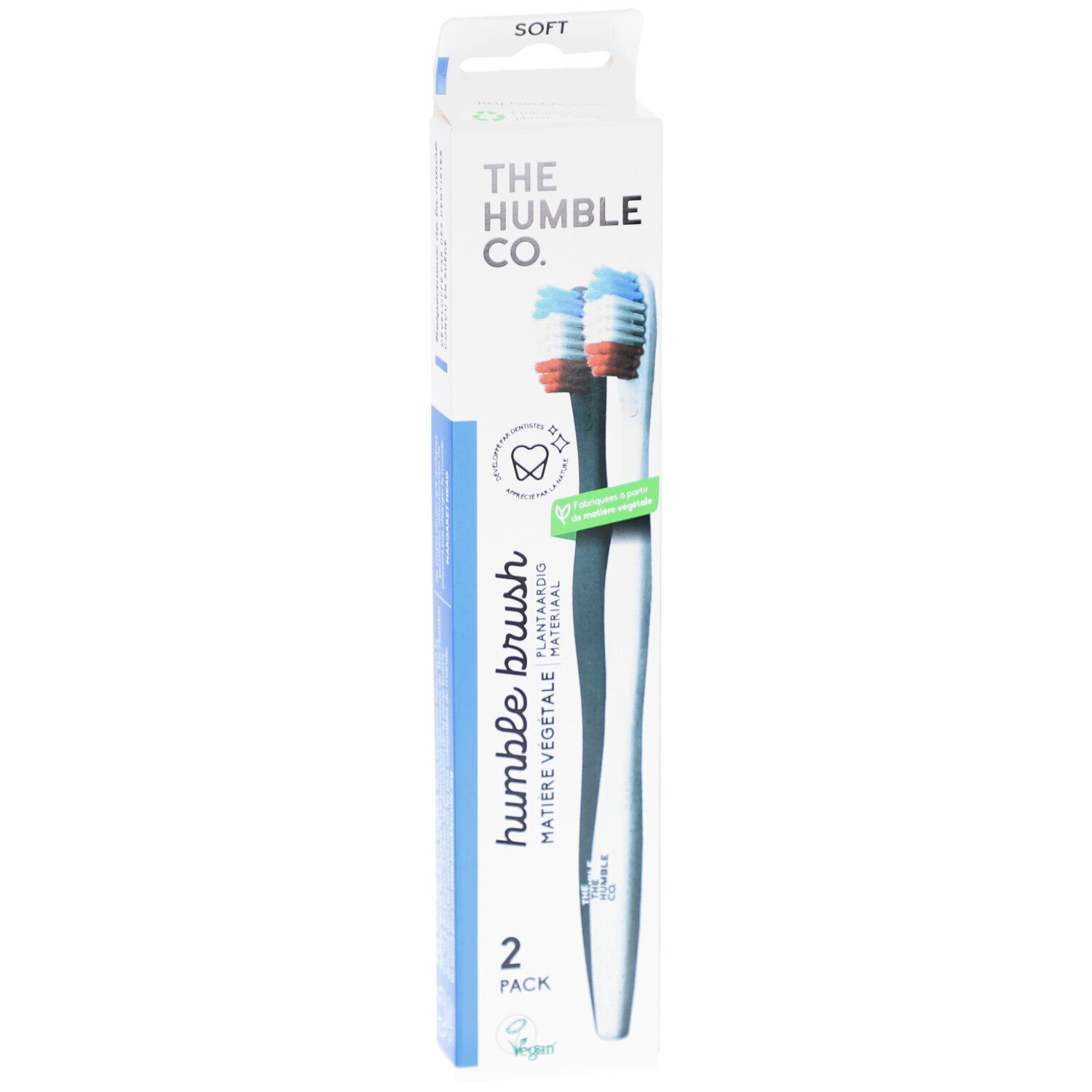 Zahnbürsten-Packung mit zwei Bürsten. Blaue und rote Borsten. Verpackung mit Markenlogo und Produktbezeichnung.
