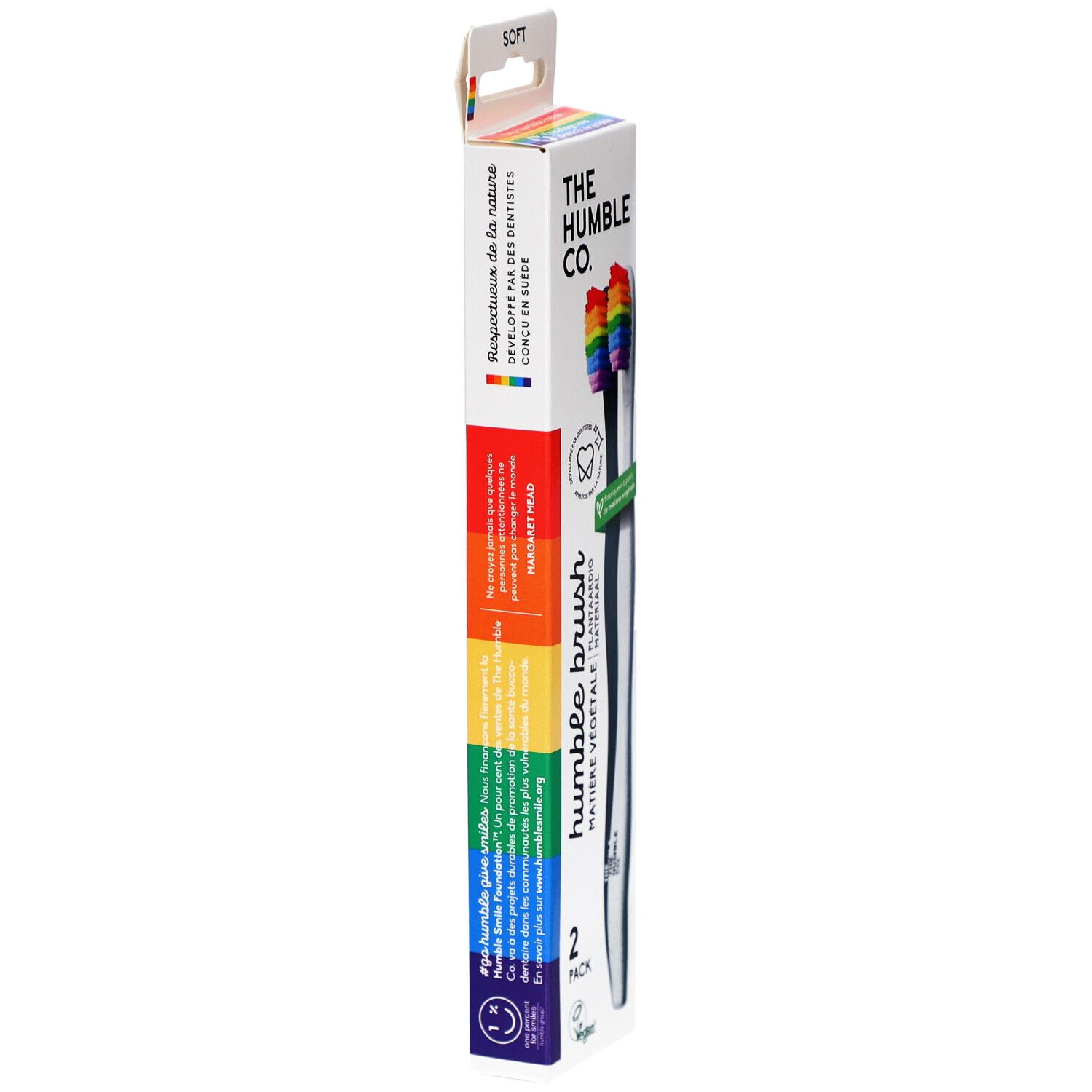Zahnbürsten-Packung, Seitenansicht. Regenbogenfarben, Text: Humble brush, Matire Vgtale, 2 Stück.