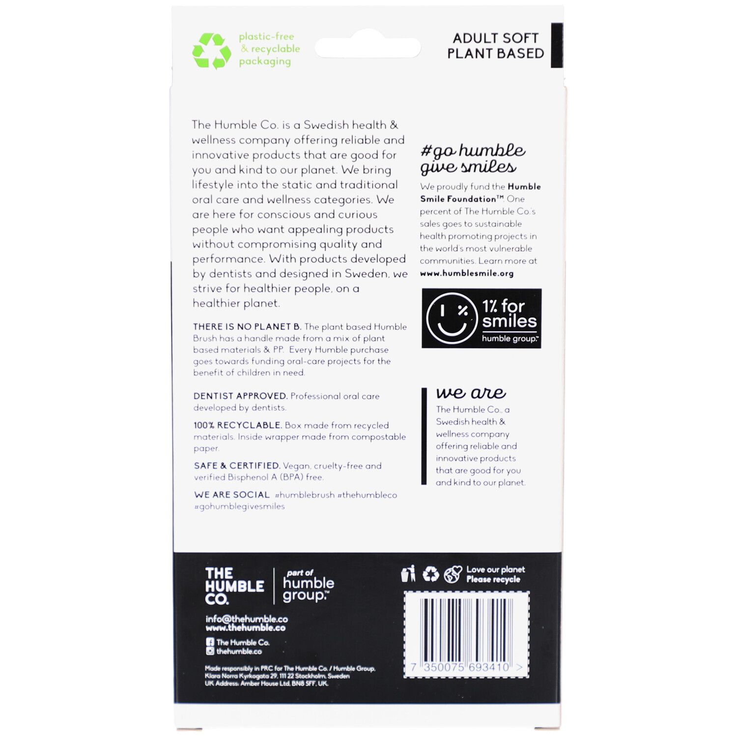Rückseite der Zahnbürstenverpackung. Text: "THE HUMBLE CO.", "1% for smiles", "plastic free & recyclable packaging" und Barcode.