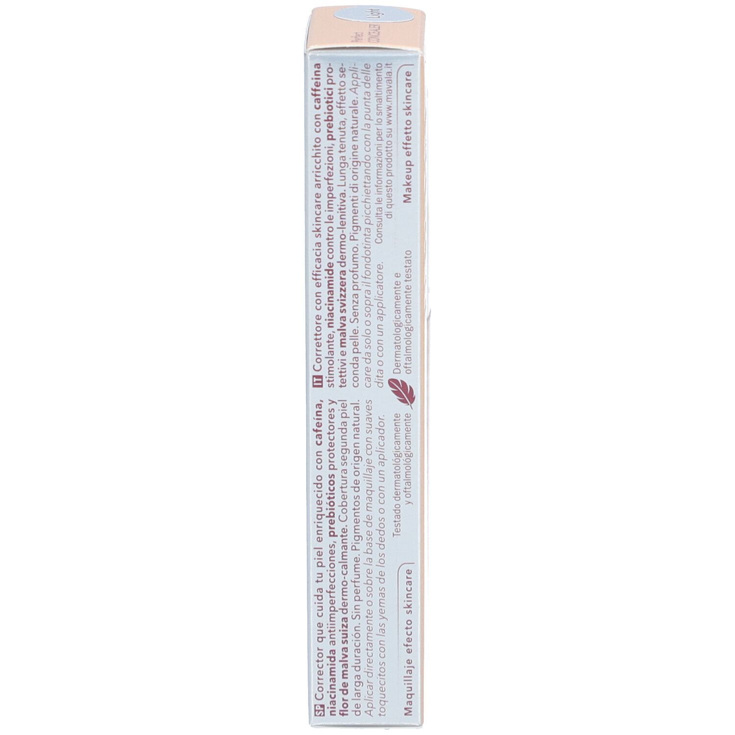 Verpackung des Concealers. Text in mehreren Sprachen. Enthält Informationen über Inhaltsstoffe und Anwendung.