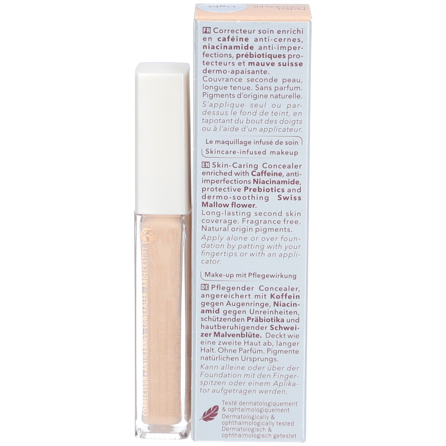 Rückseite des Concealers und der Verpackung. Text in mehreren Sprachen. Enthält Informationen über das Produkt.