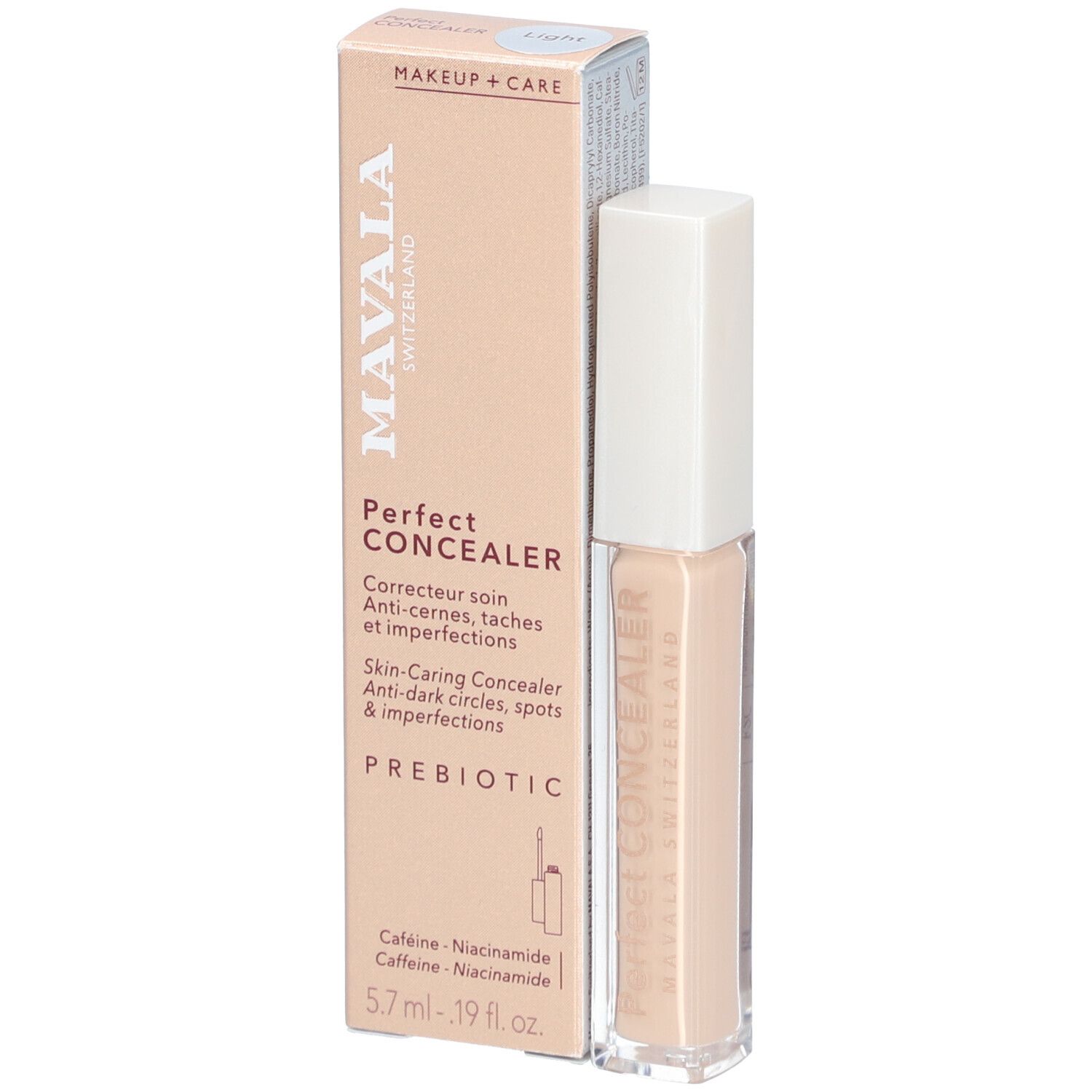 Beige Concealer-Stift und Verpackung. Auf der Verpackung steht "MAVALA", "Perfect Concealer" und "PREBIOTIC".