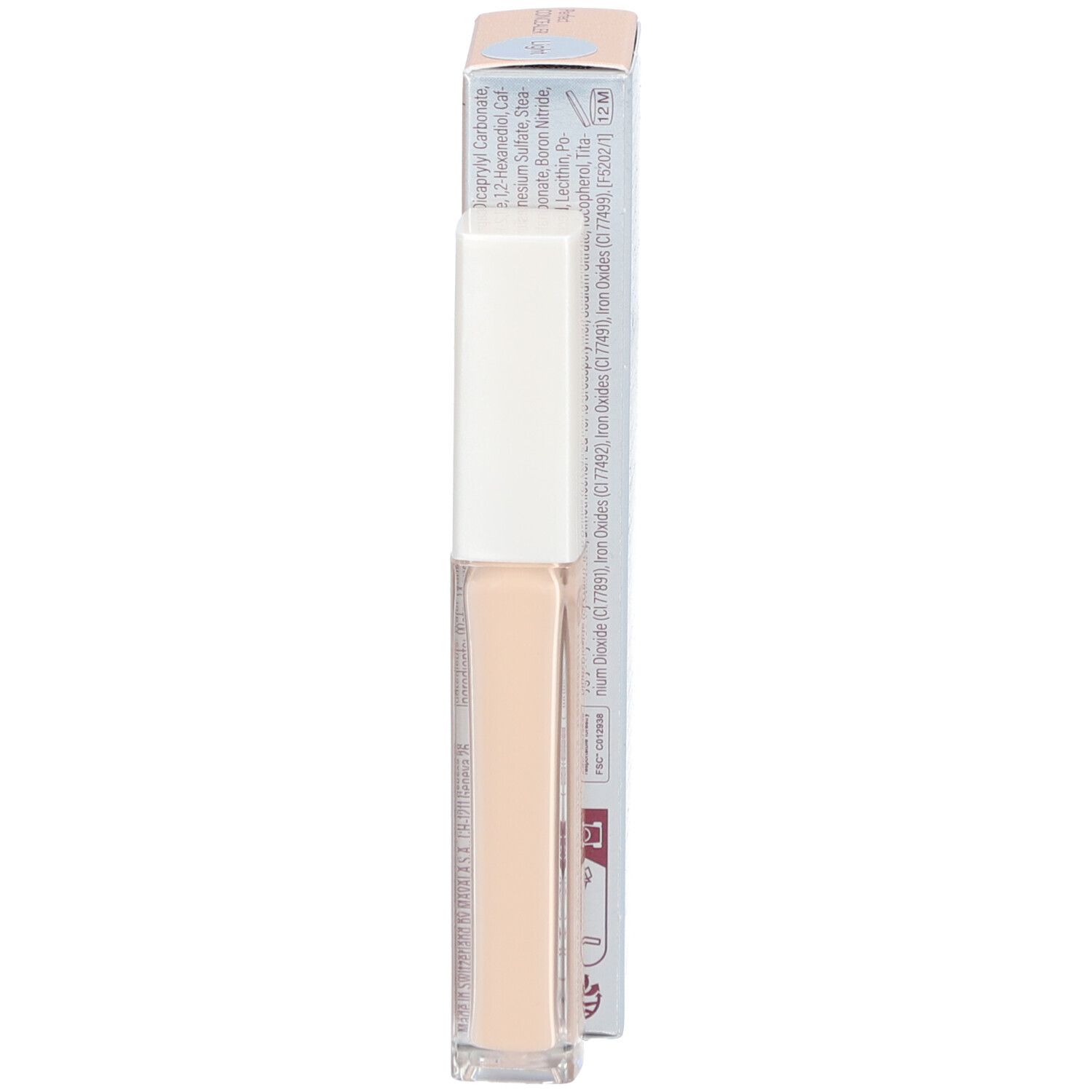 Seite der Concealer-Verpackung. Text in mehreren Sprachen. Enthält Informationen über Inhaltsstoffe und Hersteller.