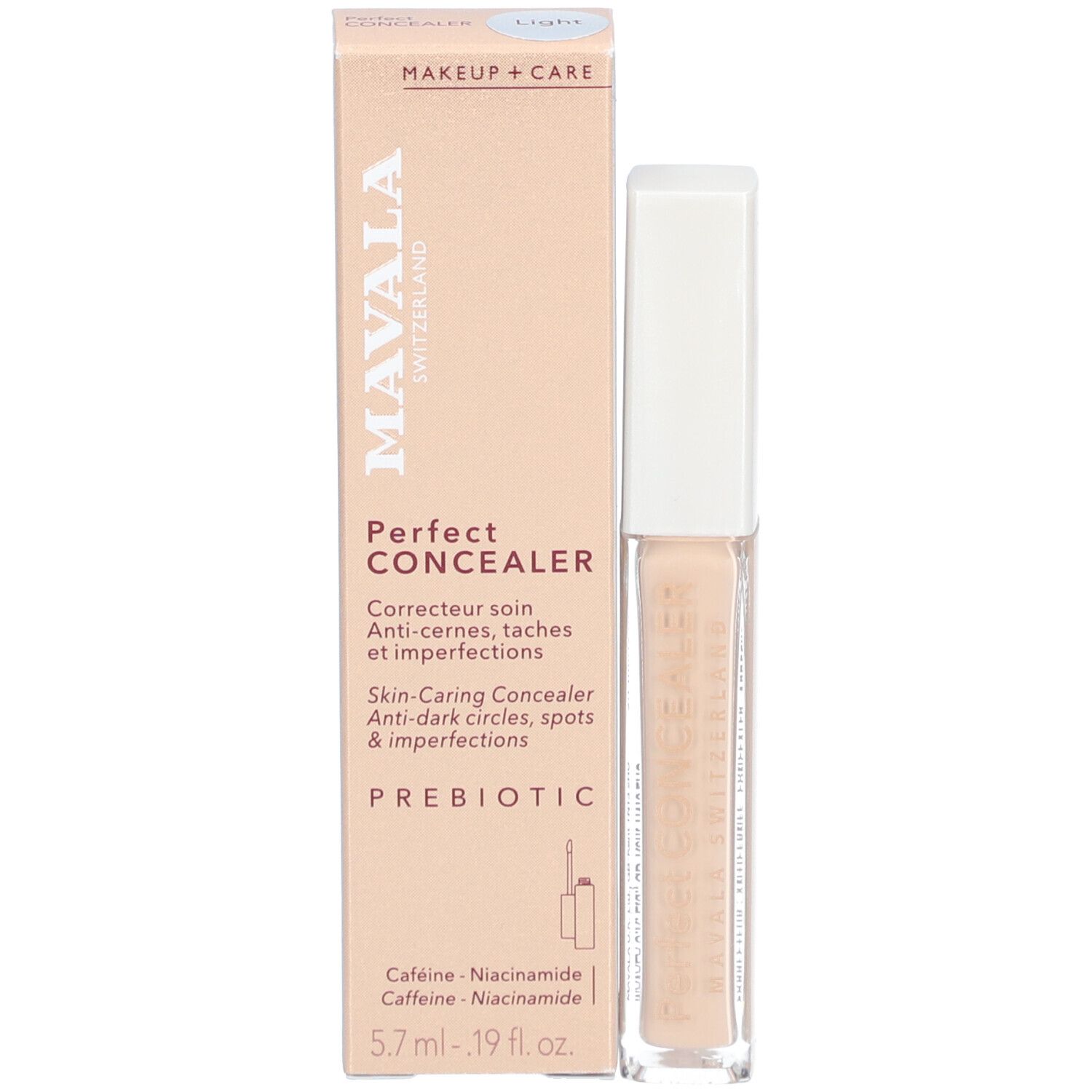 Beige Concealer-Stift und Verpackung. Auf der Verpackung steht "MAVALA", "Perfect Concealer" und "PREBIOTIC".