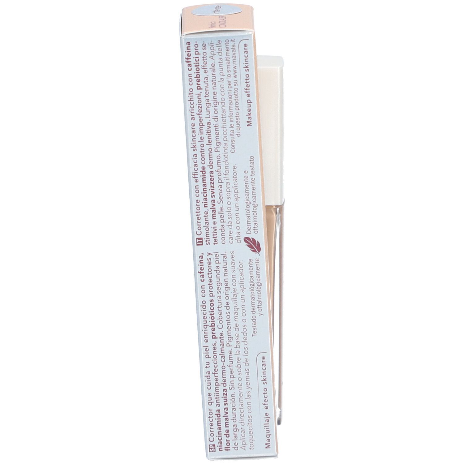 Karton mit Text. Aufschrift: Corrector con efficacia skincare, prebiotici, malvenblüte. Dermatologisch getestet.