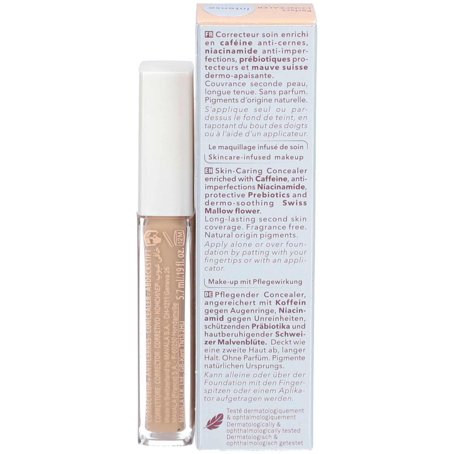 Karton mit Text. Aufschrift: Skin-Caring Concealer, Koffein, Niacinamid, Malvenblüte. Dermatologisch getestet.