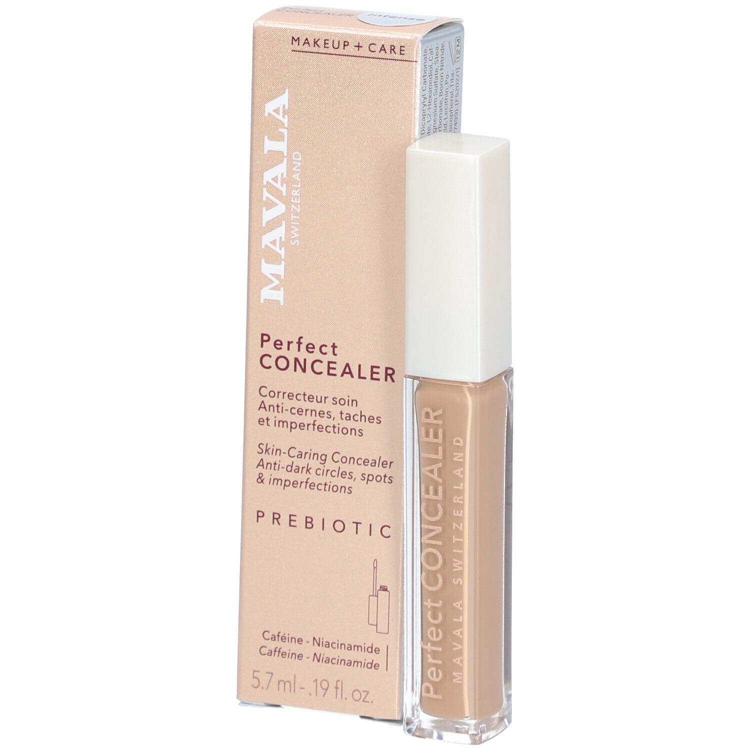 Beige Concealer-Fläschchen und Karton. Aufschrift: MAVALA, Perfect Concealer, Prebiotic. 5.7 ml.
