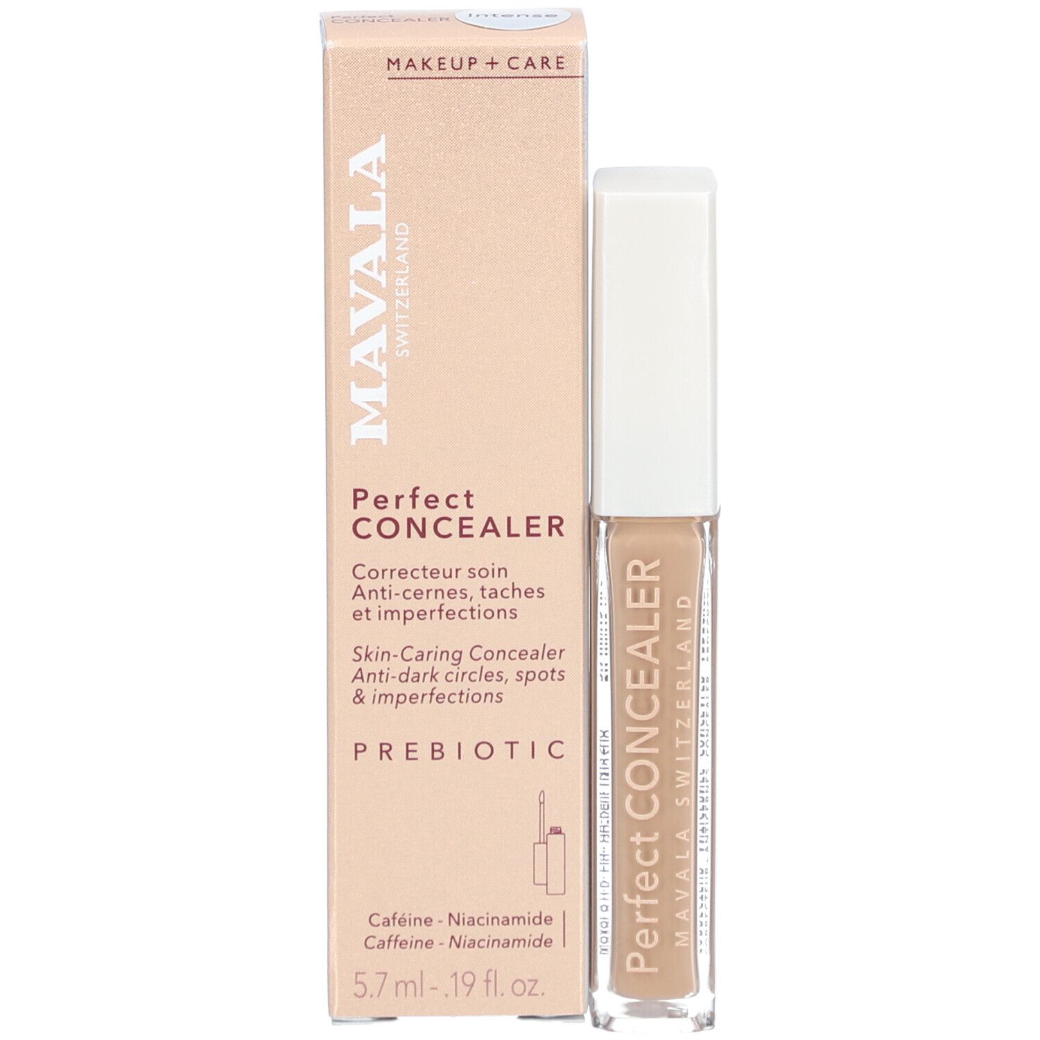 Beige Concealer-Fläschchen und Karton. Aufschrift: MAVALA, Perfect Concealer, Prebiotic. 5.7 ml.
