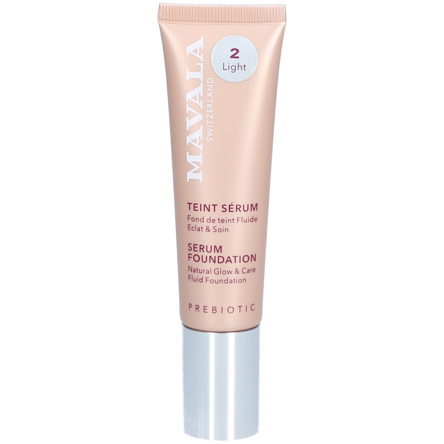 Tube beige avec bouchon argenté. Inscriptions: Mavala, Teint Sérum, Serum Foundation, teinte 2 Light.