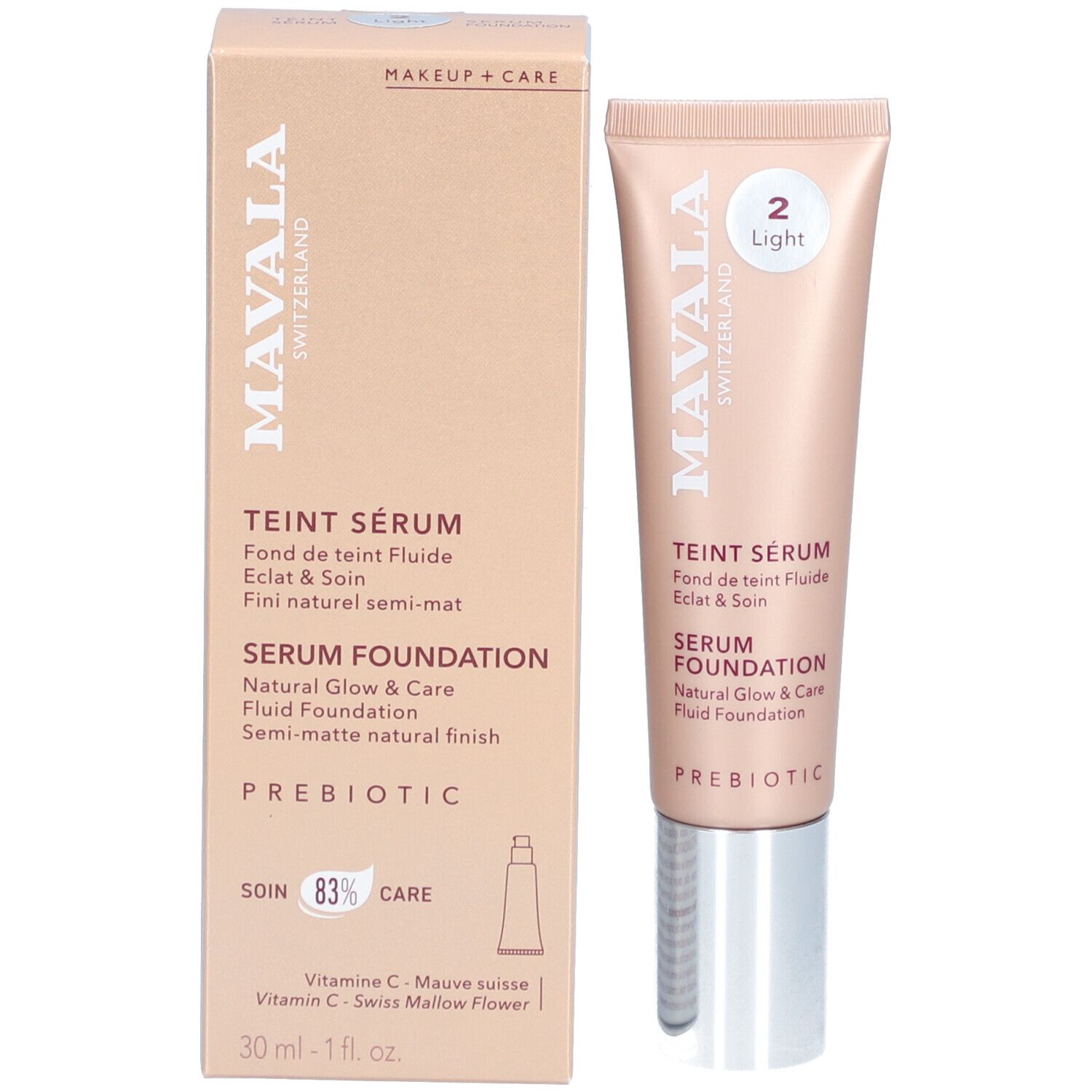Emballage du produit avec tube et boîte. Inscriptions: Mavala, Teint Sérum, Serum Foundation, teinte 2 Light.