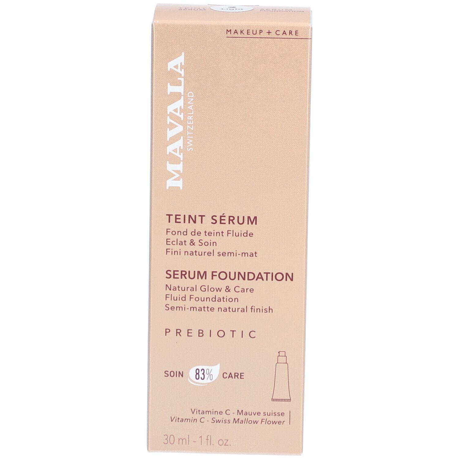 Emballage en carton. Inscriptions: Mavala, Teint Sérum, Serum Foundation, Prébiotique, 83% Care.