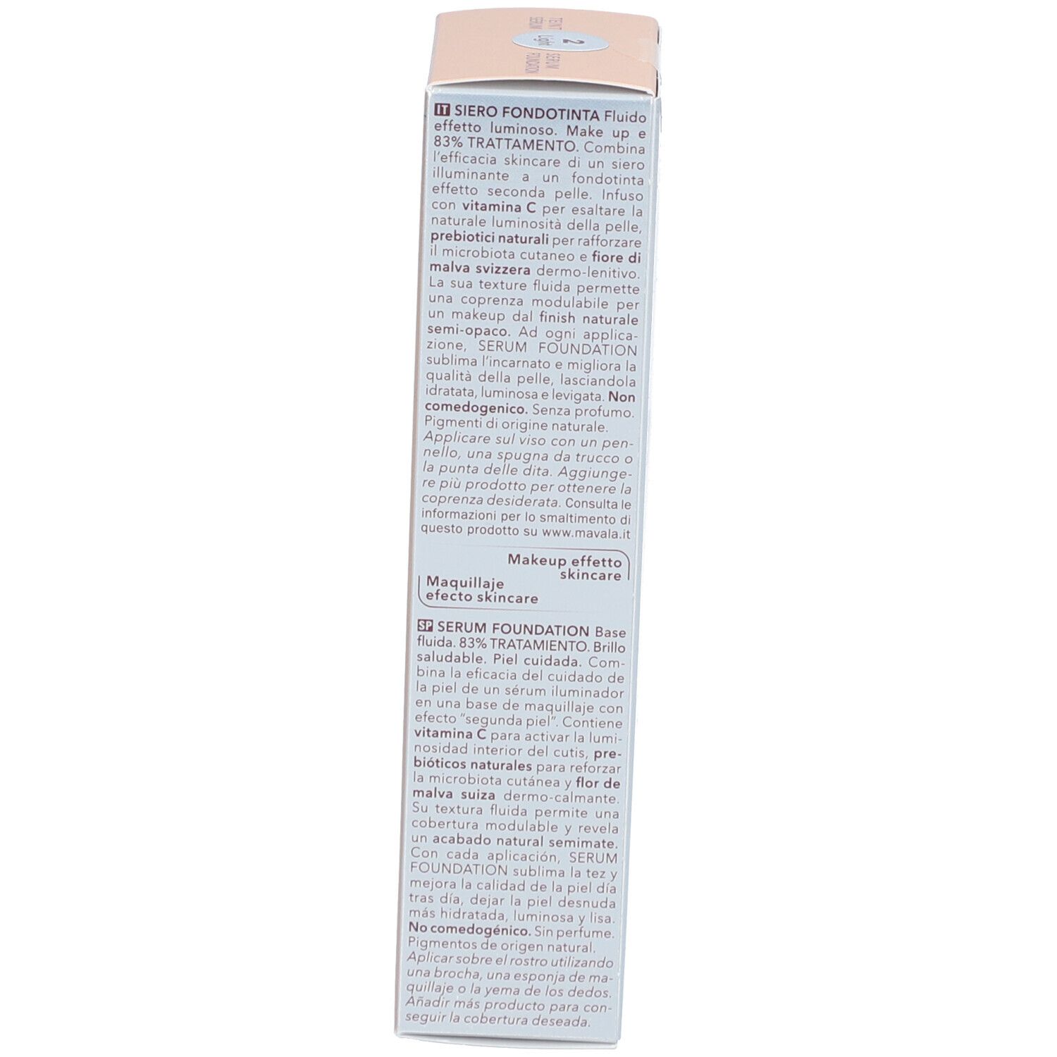 Côté de l'emballage en carton. Texte en anglais, italien et espagnol. Contient des informations sur le produit.