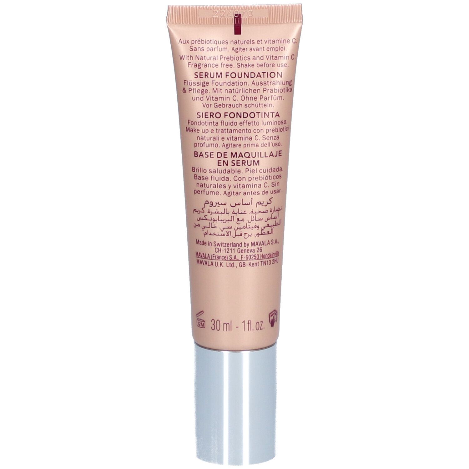 Dos du tube Mavala Teint Sérum Light Medium. Texte multilingue. Ingrédients et informations du fabricant.