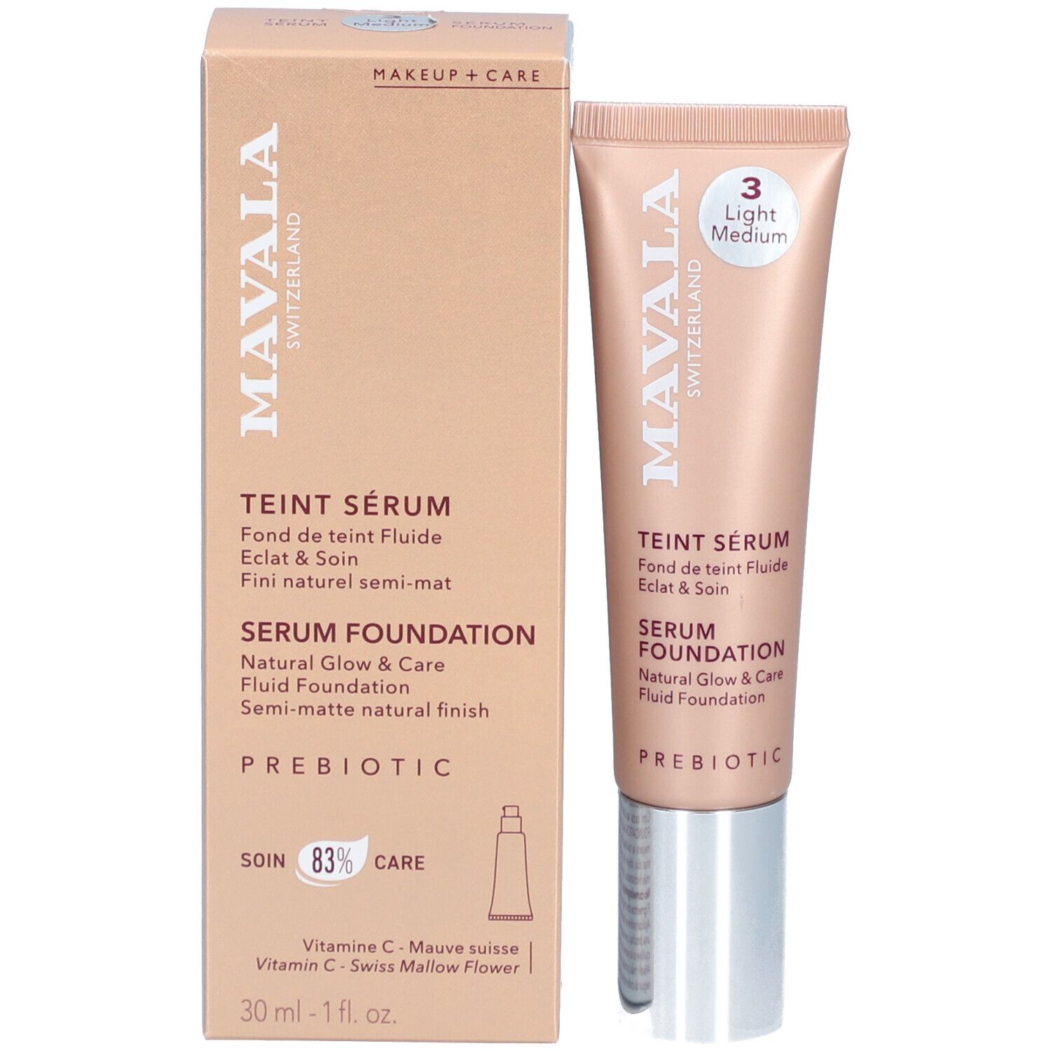 Mavala Teint Sérum Light Medium. Tube et emballage. Teinte 3 Light Medium. Prébiotique. 83% Soin. Semi-mat.