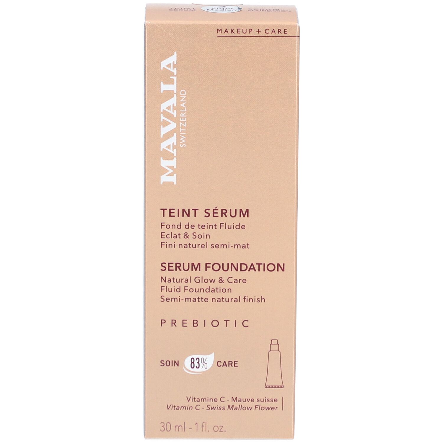 Emballage Mavala Teint Sérum Light Medium. Prébiotique. 83% Soin. Texte et illustration. Teinte 3 Light Medium.