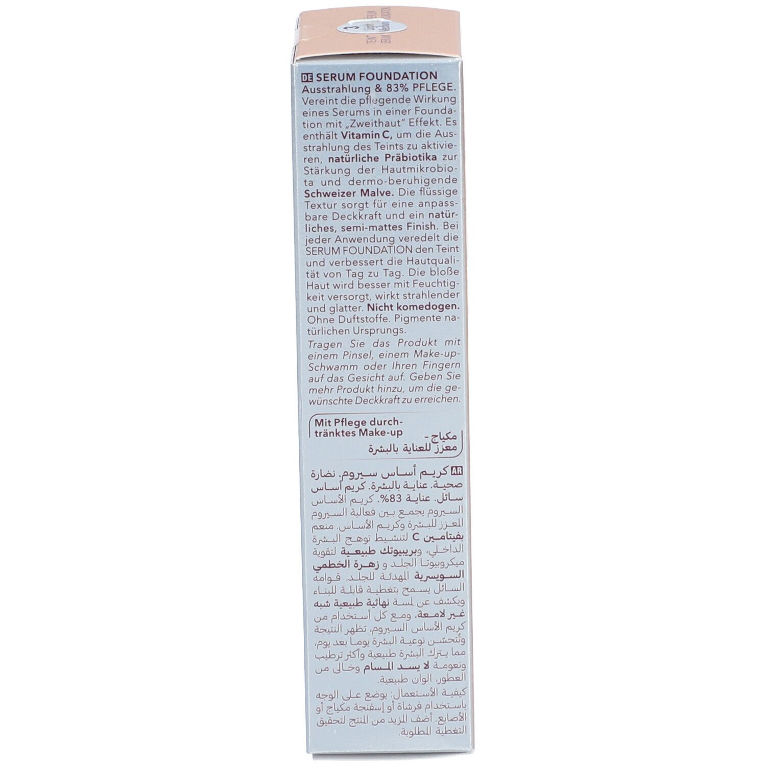 Emballage Mavala Teint Sérum Light Medium. Texte en allemand. Serum Foundation. Ingrédients et instructions.