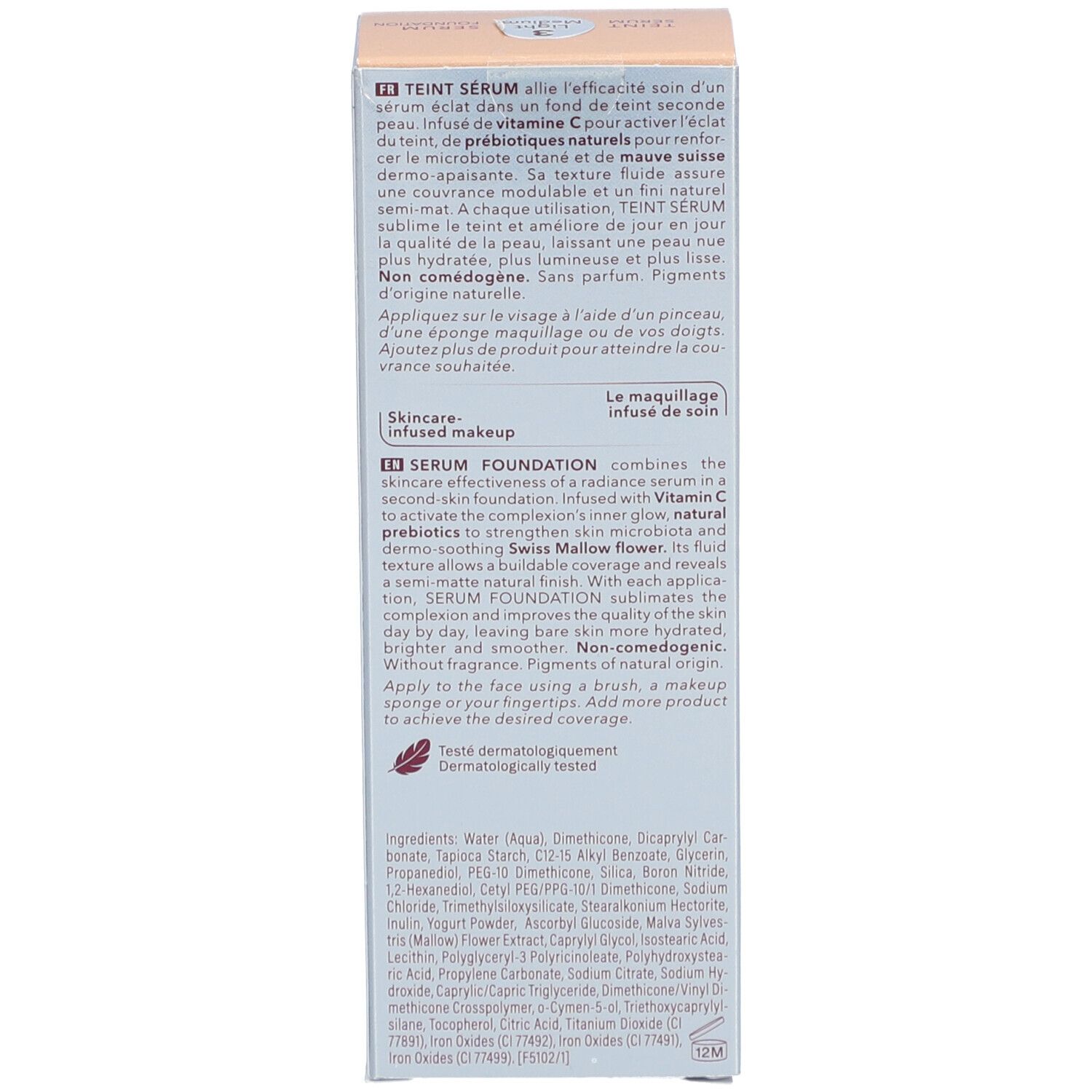 Emballage Mavala Teint Sérum Light Medium. Texte en anglais. Serum Foundation. Ingrédients et instructions.