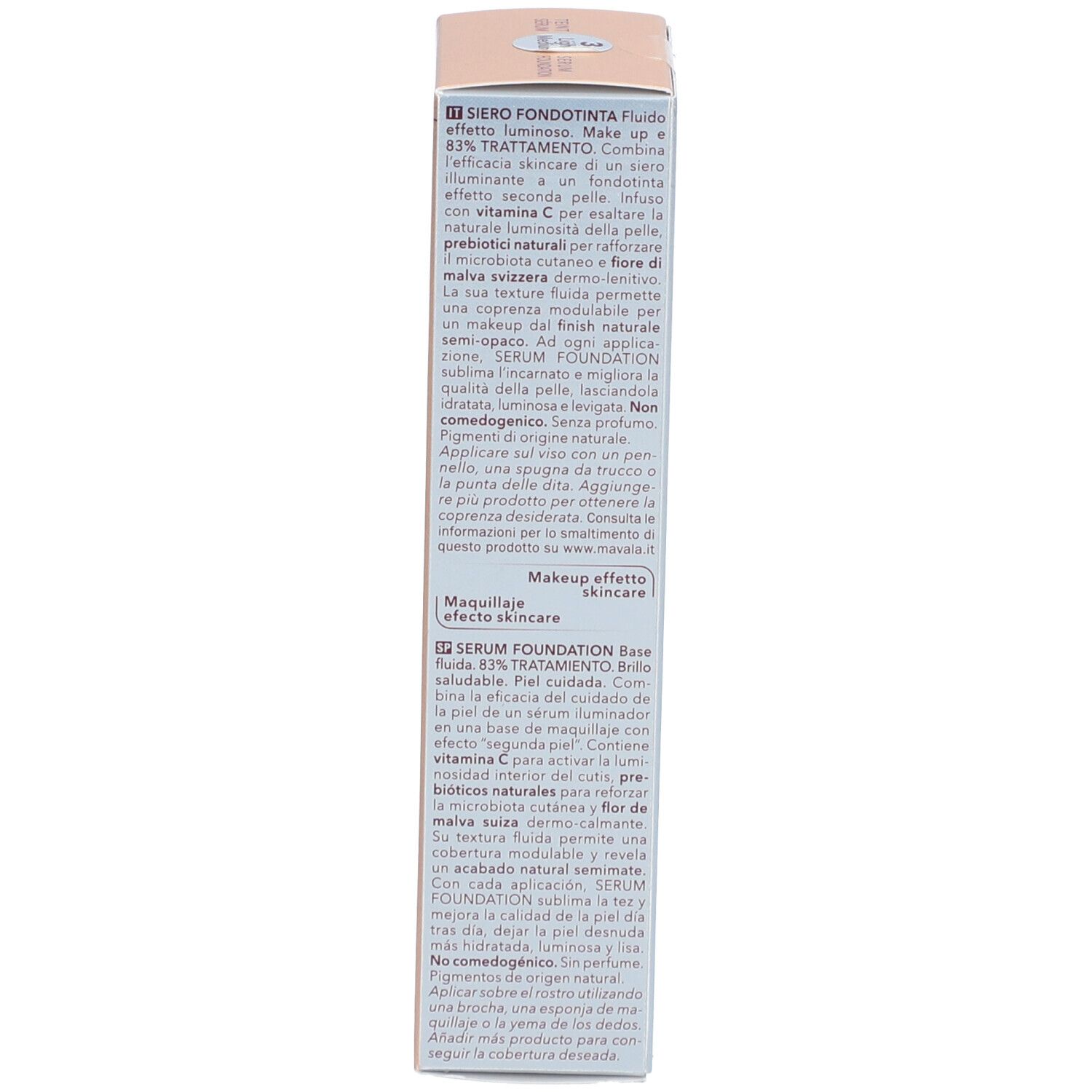 Emballage Mavala Teint Sérum Light Medium. Texte en italien. Serum Foundation. Ingrédients et instructions.