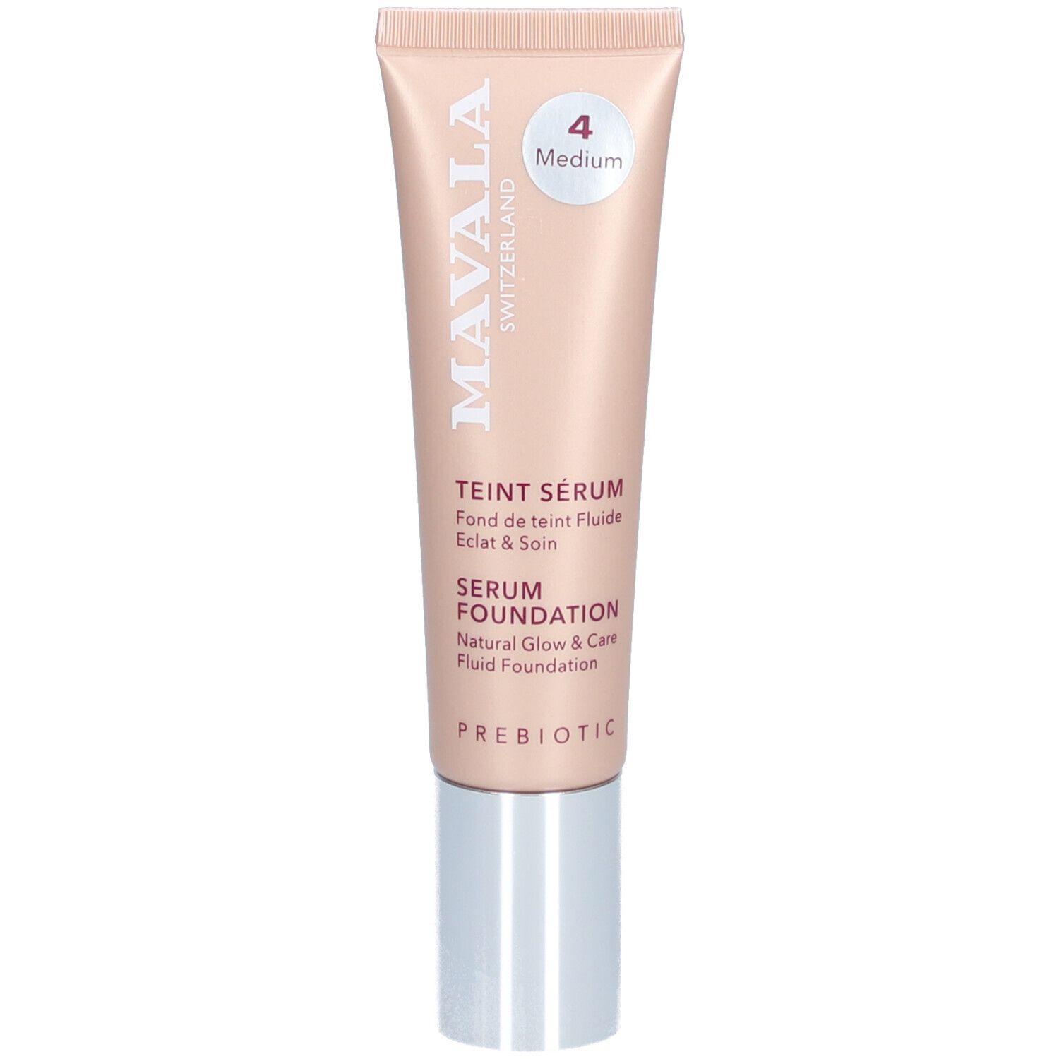 Tube beige avec bouchon argenté. Inscription: Mavala, Teint Sérum, Serum Foundation. Teinte 4 Medium.