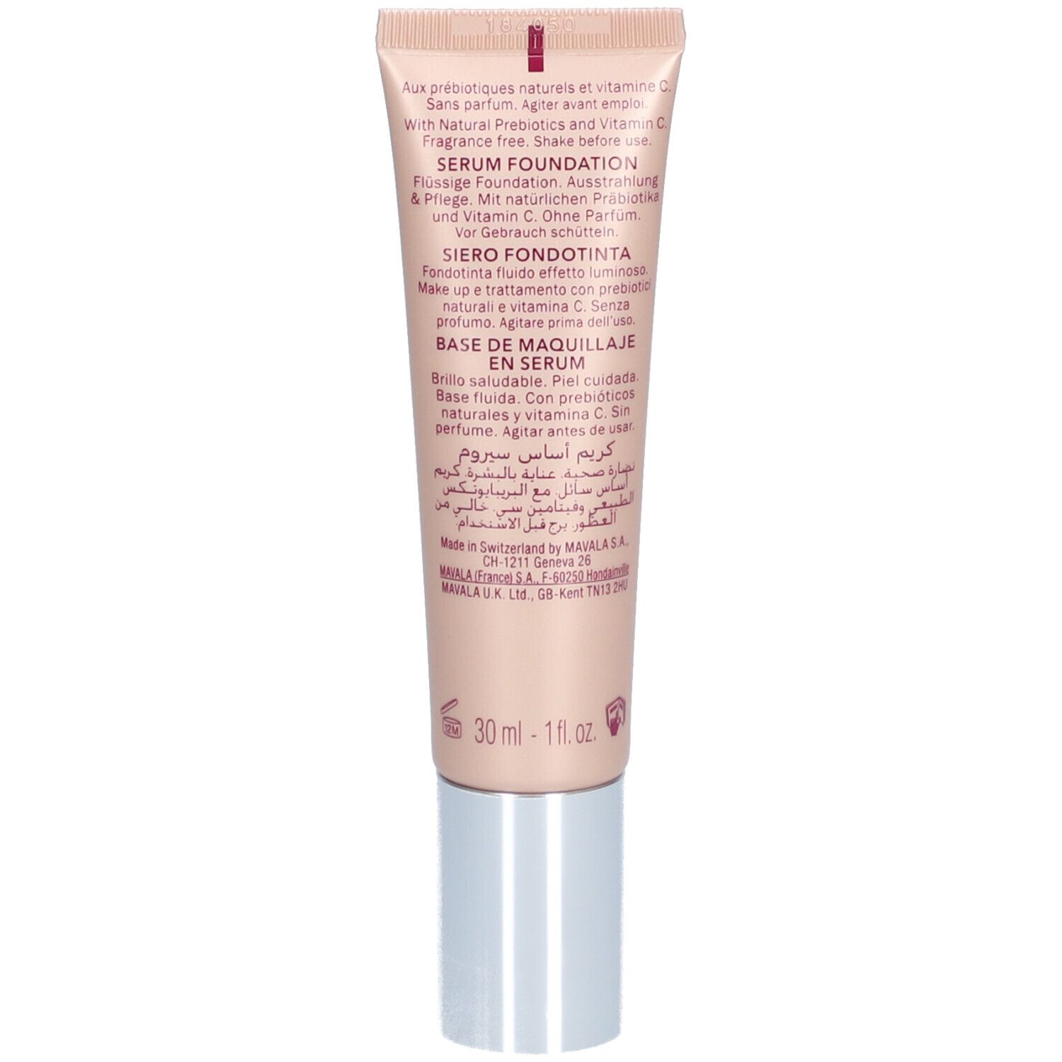 Dos du tube. Texte multilingue. Inscription: Serum Foundation, 30 ml - 1 fl.oz.