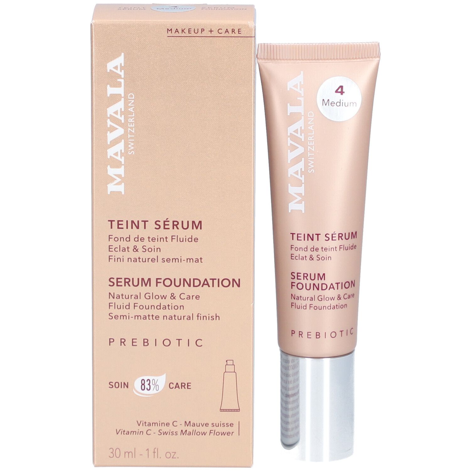Emballage et tube. Inscription: Mavala, Teint Sérum, Serum Foundation. Teinte 4 Medium. 30 ml - 1 fl.oz.